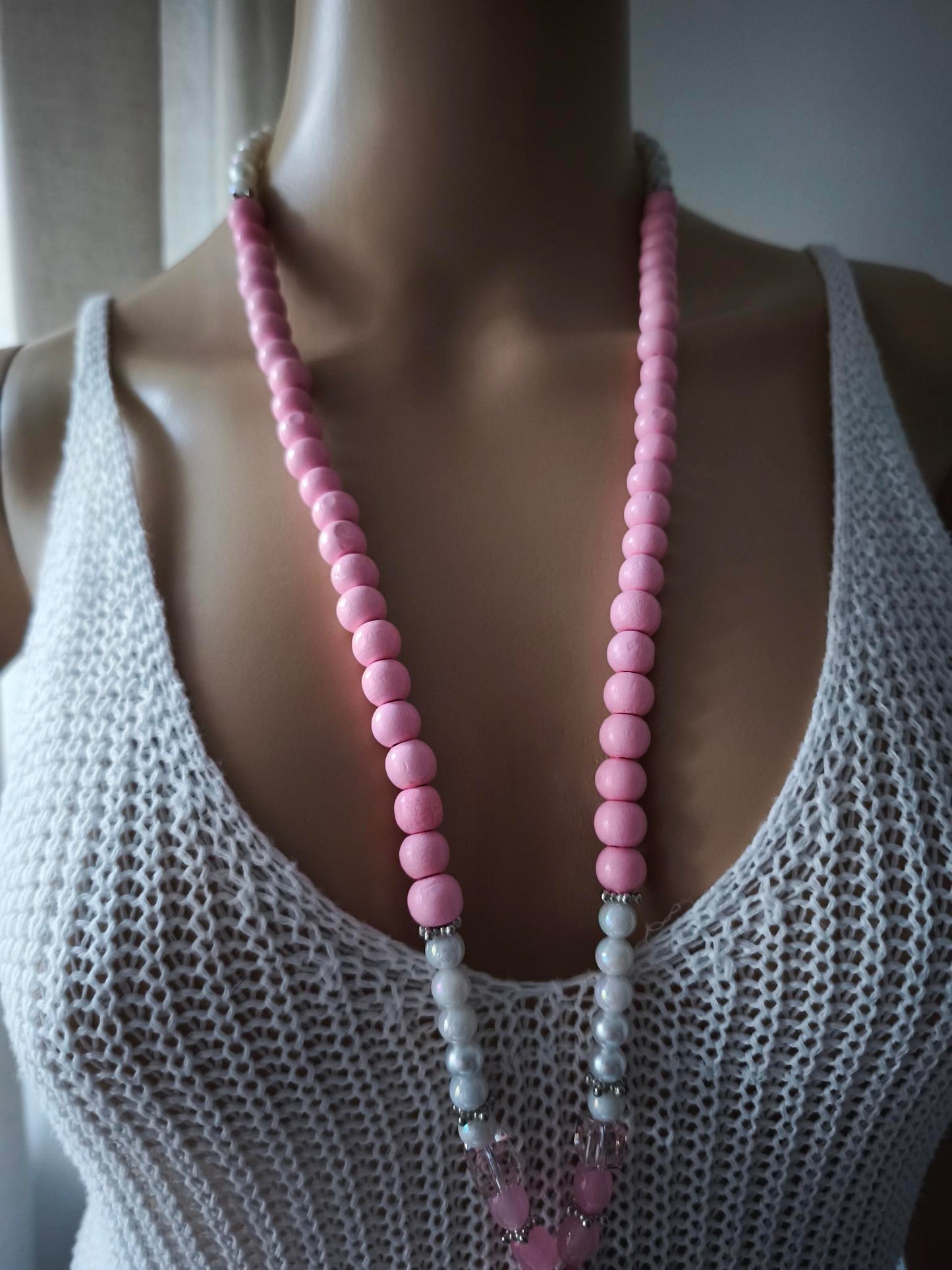 Boho Ibiza Halskette Hippie Festival XXL Perlen Quaste White Rosa