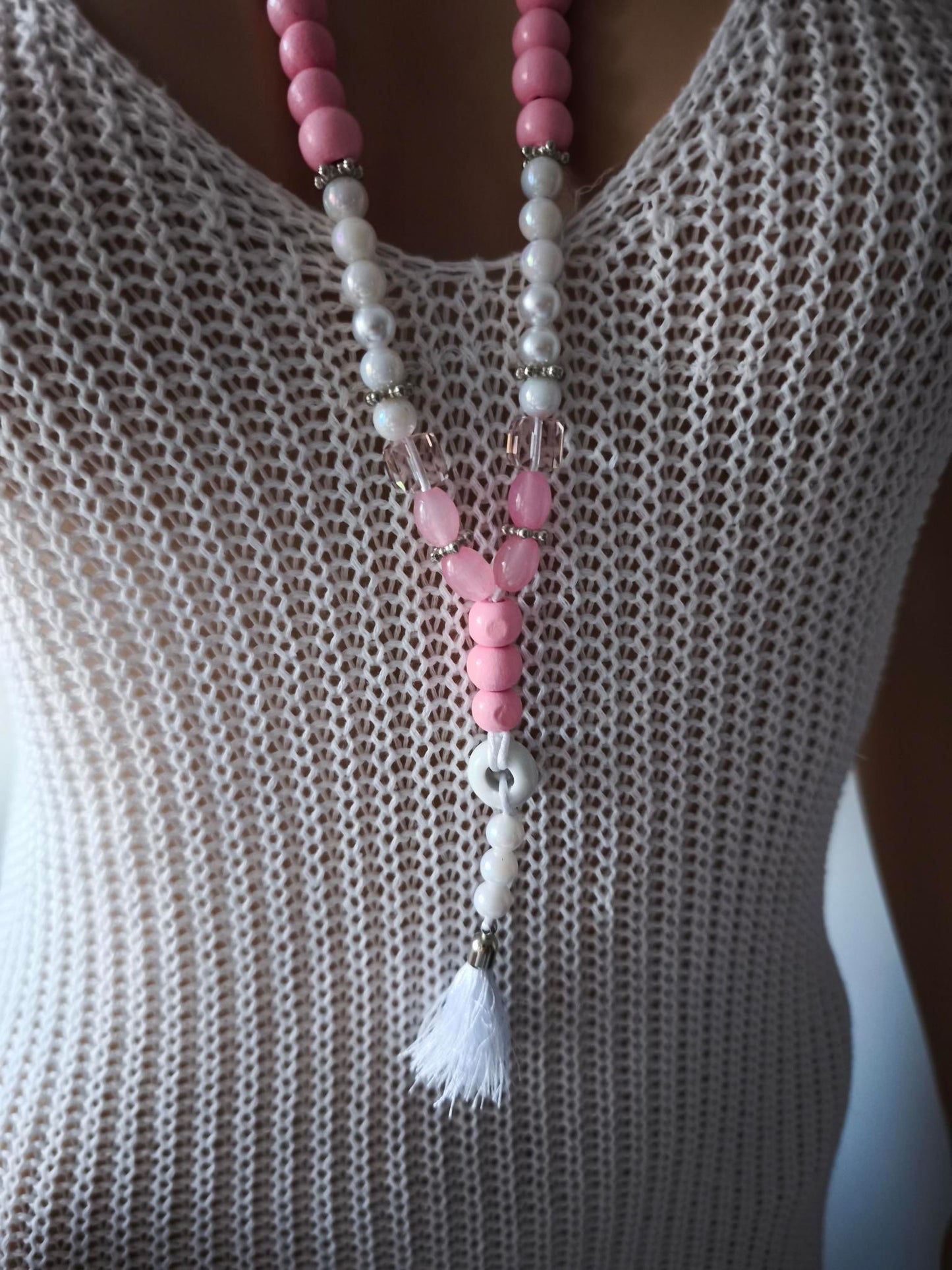 Boho Ibiza Halskette Hippie Festival XXL Perlen Quaste White Rosa