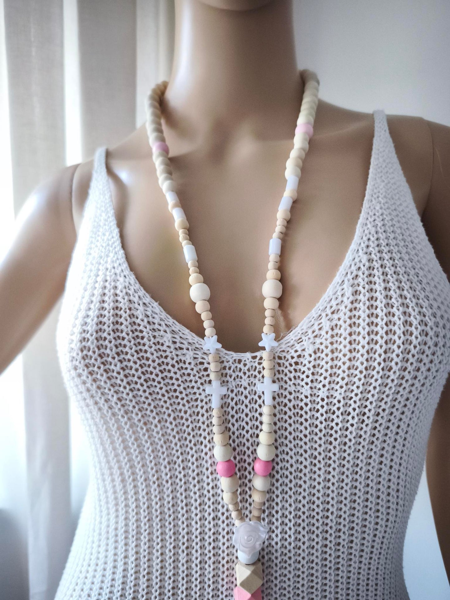 Boho Ibiza Halskette Hippie Festival Quaste XXL Beige Weiß Pink