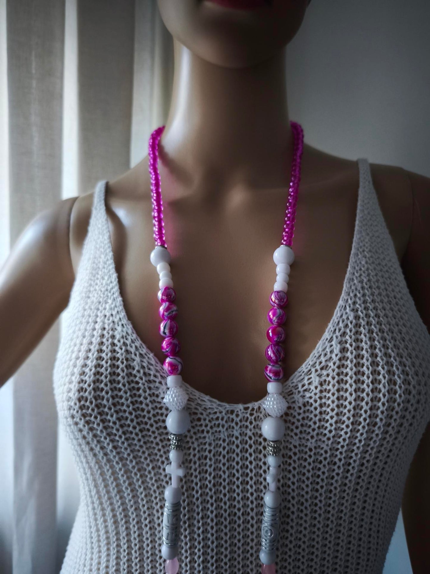 Boho Ibiza Halskette Hippie Festival Perlen Quasten XXL White Pink Rosa