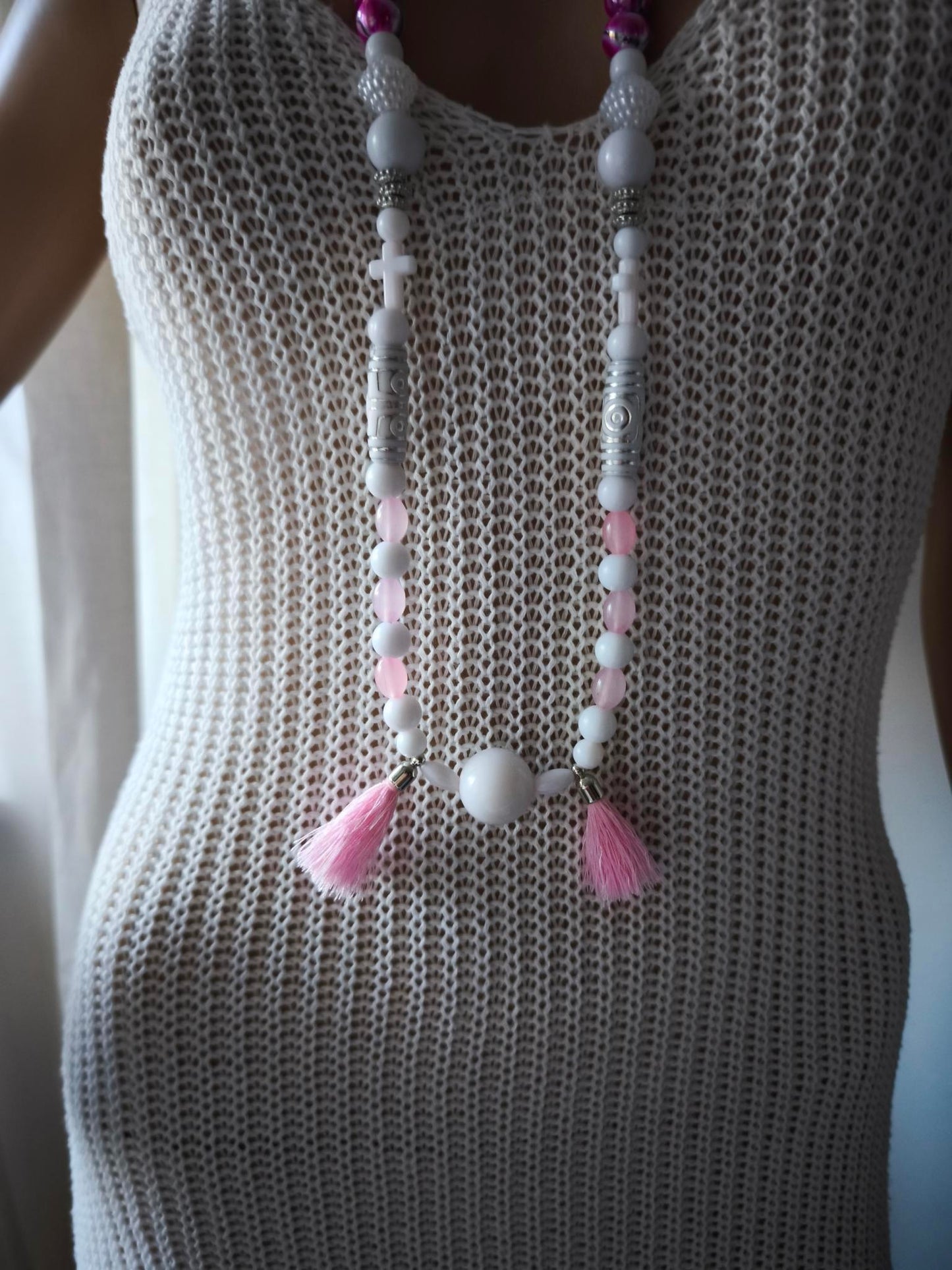 Boho Ibiza Halskette Hippie Festival Perlen Quasten XXL White Pink Rosa