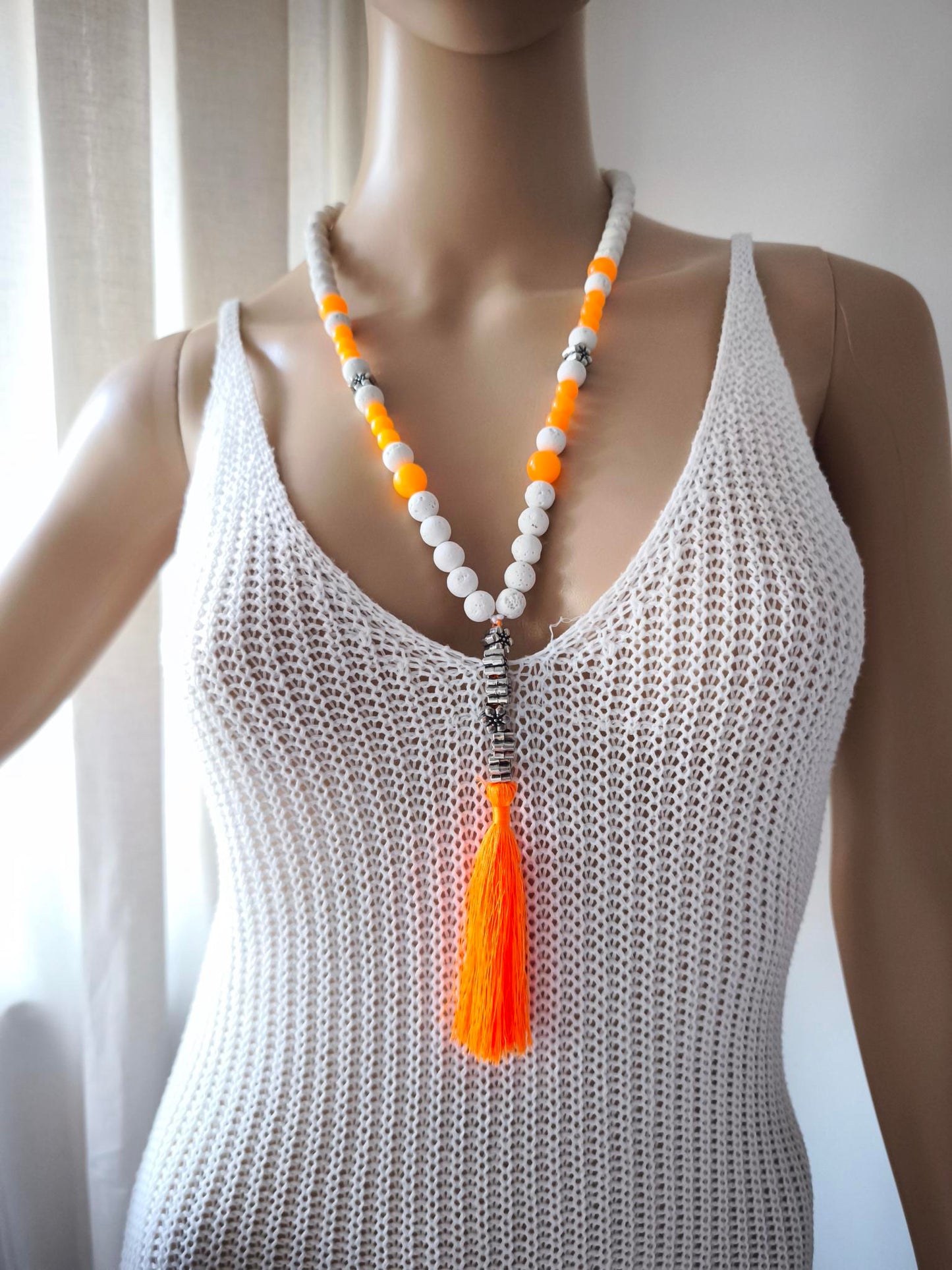 Boho Ibiza Halskette Hippie Festival Quaste XL Weiß Orange