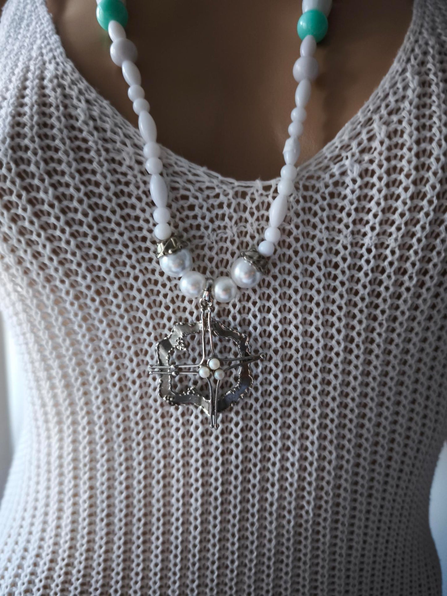 Boho Ibiza Halskette Hippie Festival XL Perlen Silber-Anhänger