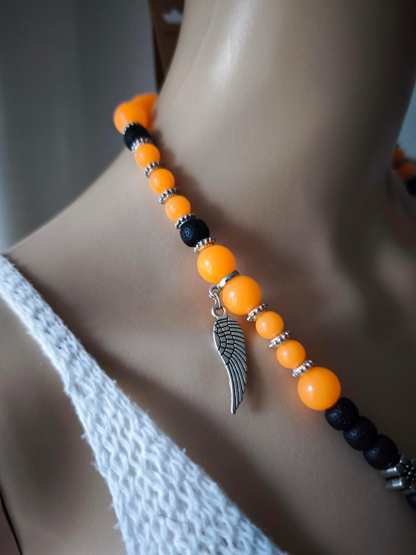 Boho Ibiza Halskette Hippie Festival Perlen Quaste XL Schwarz Orange