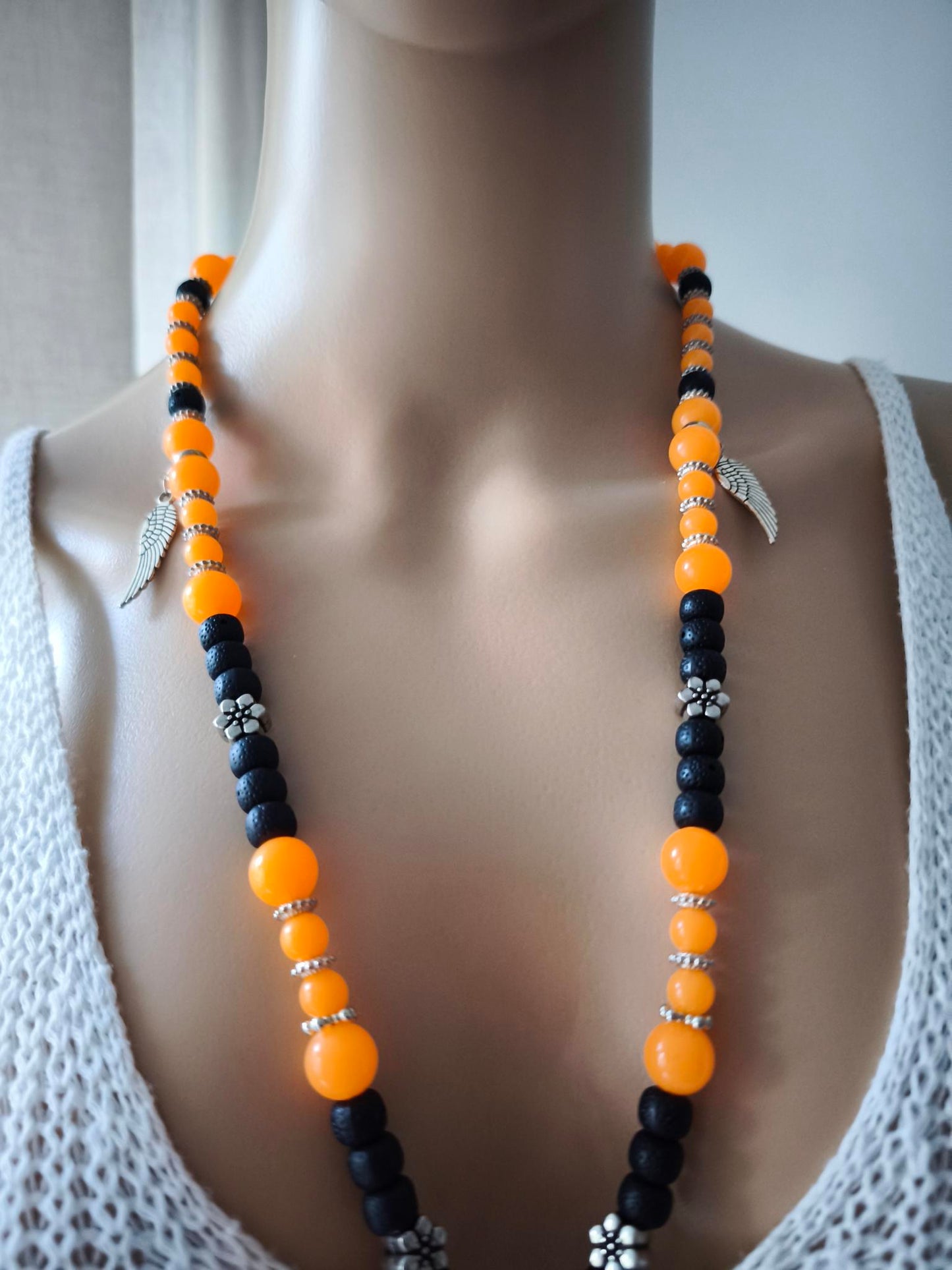 Boho Ibiza Halskette Hippie Festival Perlen Quaste XL Schwarz Orange