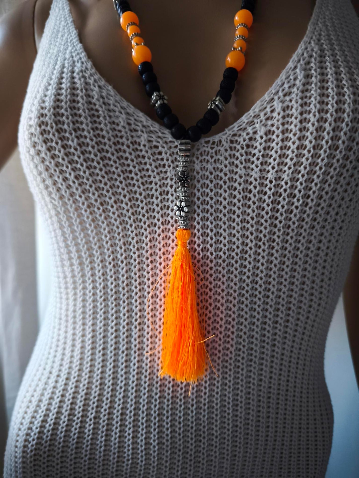 Boho Ibiza Halskette Hippie Festival Perlen Quaste XL Schwarz Orange
