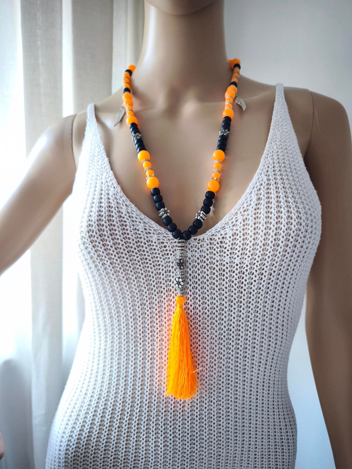 Boho Ibiza Halskette Hippie Festival Perlen Quaste XL Schwarz Orange