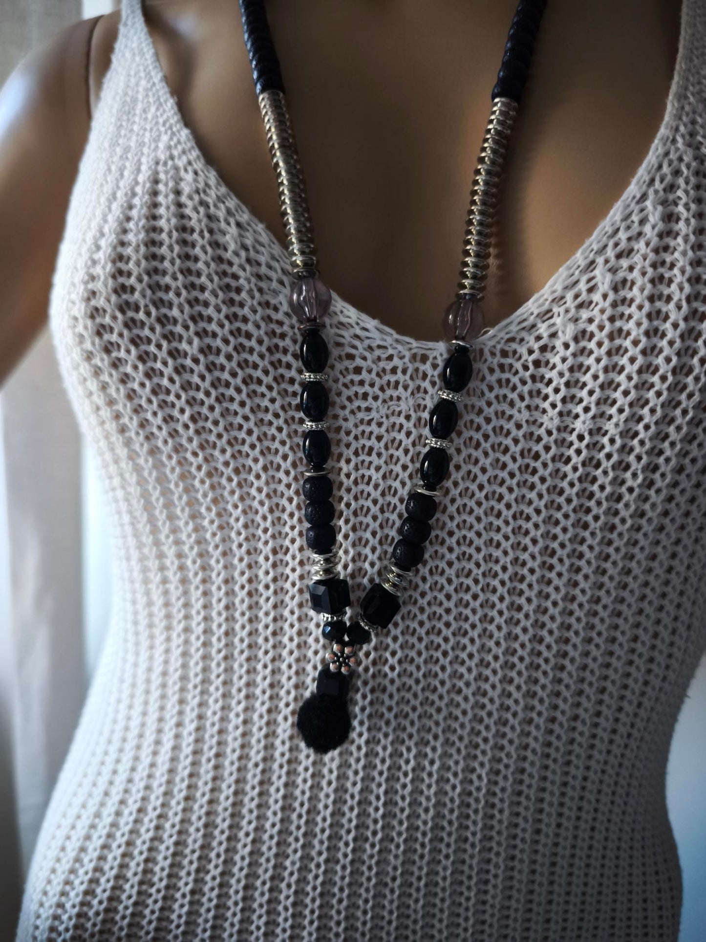Boho Ibiza Halskette Hippie Festival XL Perlen Bommel Black Silber