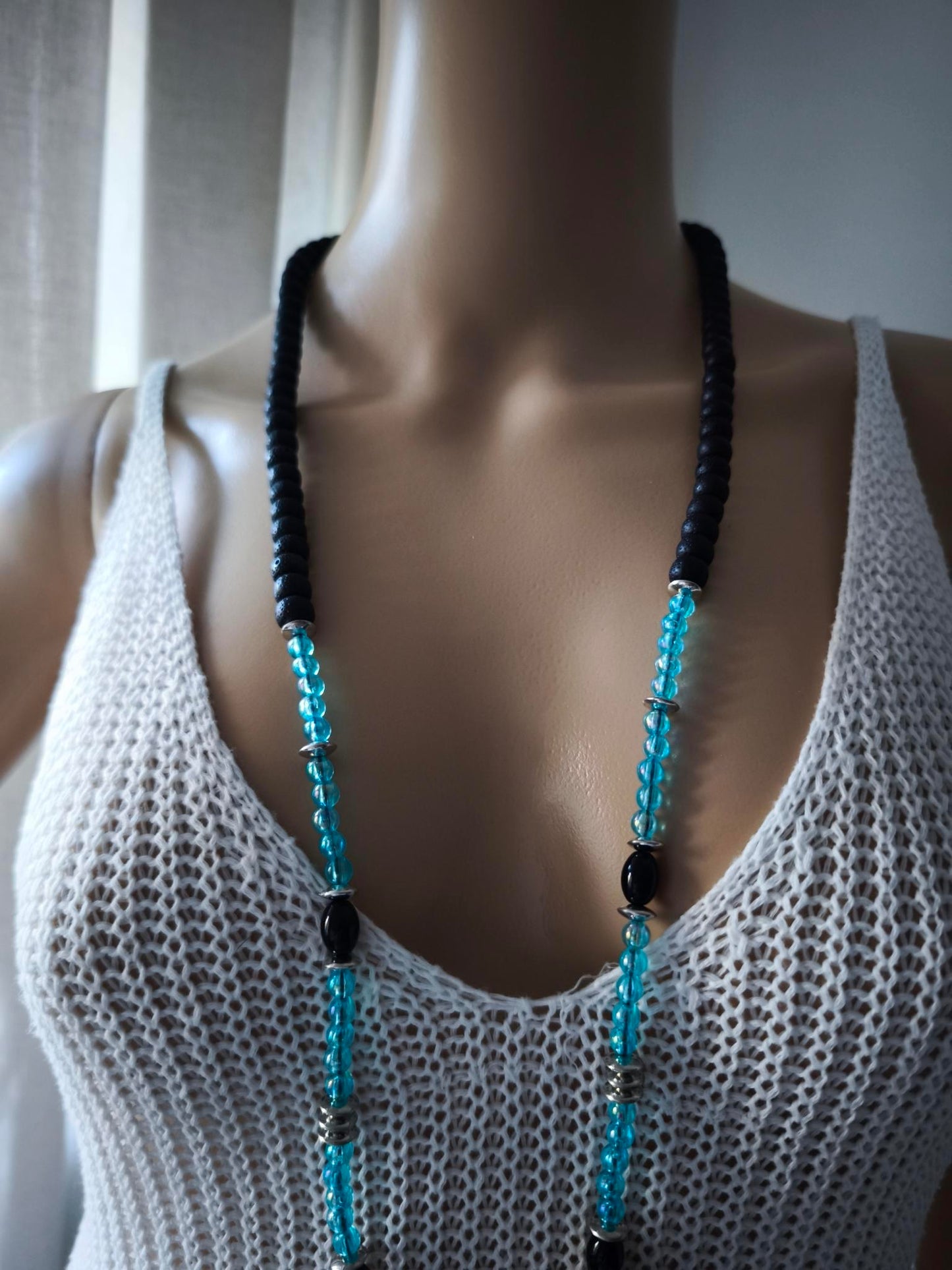 Boho Ibiza Halskette Hippie Festival XXL Perlen Quasten Black Türkis