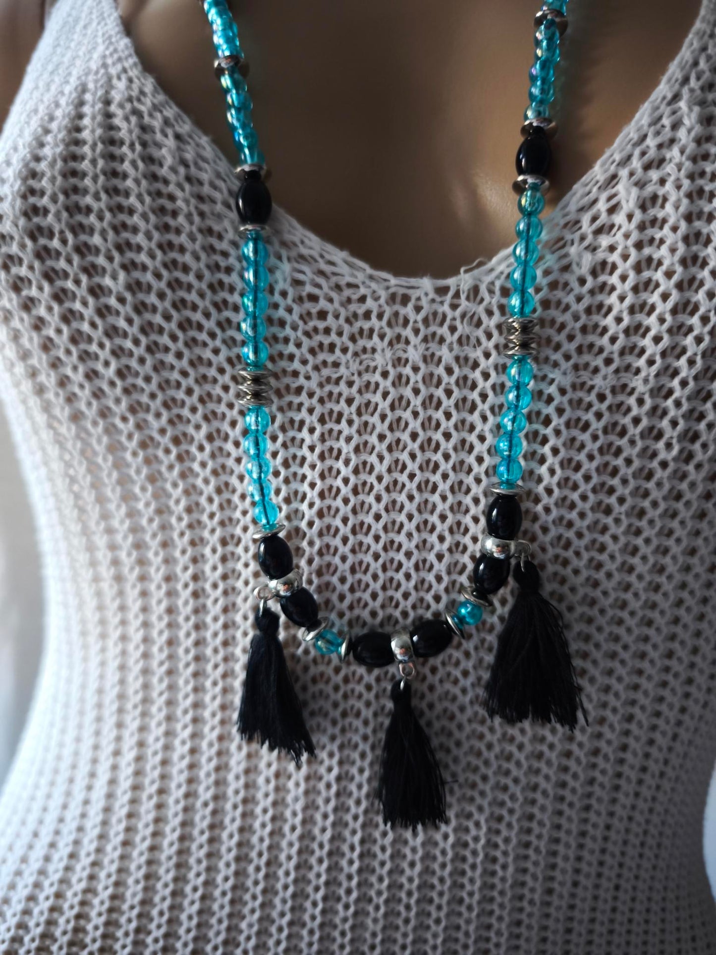 Boho Ibiza Halskette Hippie Festival XXL Perlen Quasten Black Türkis