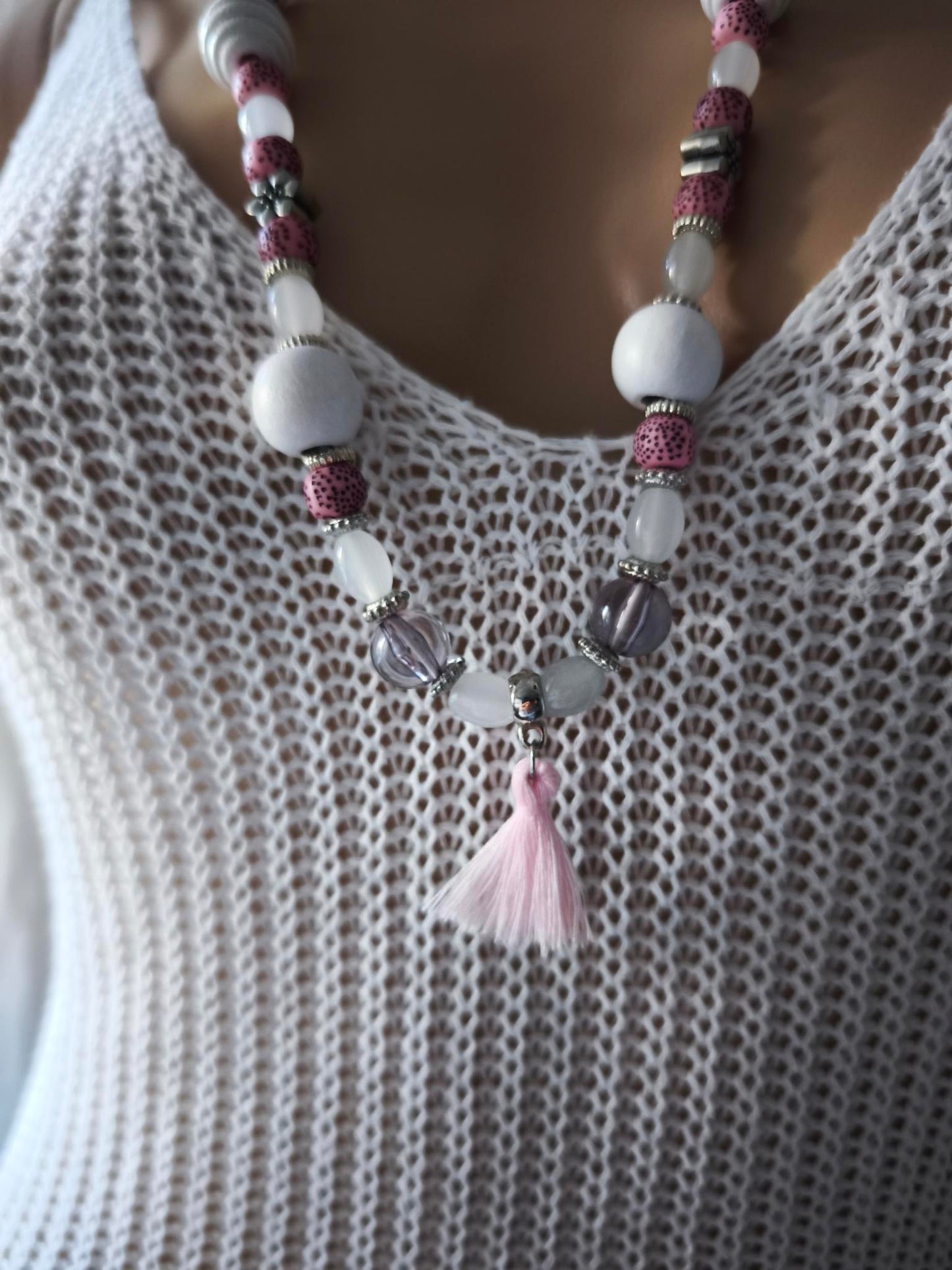 Boho Ibiza Halskette Hippie Festival Perlen Quaste White Rosa
