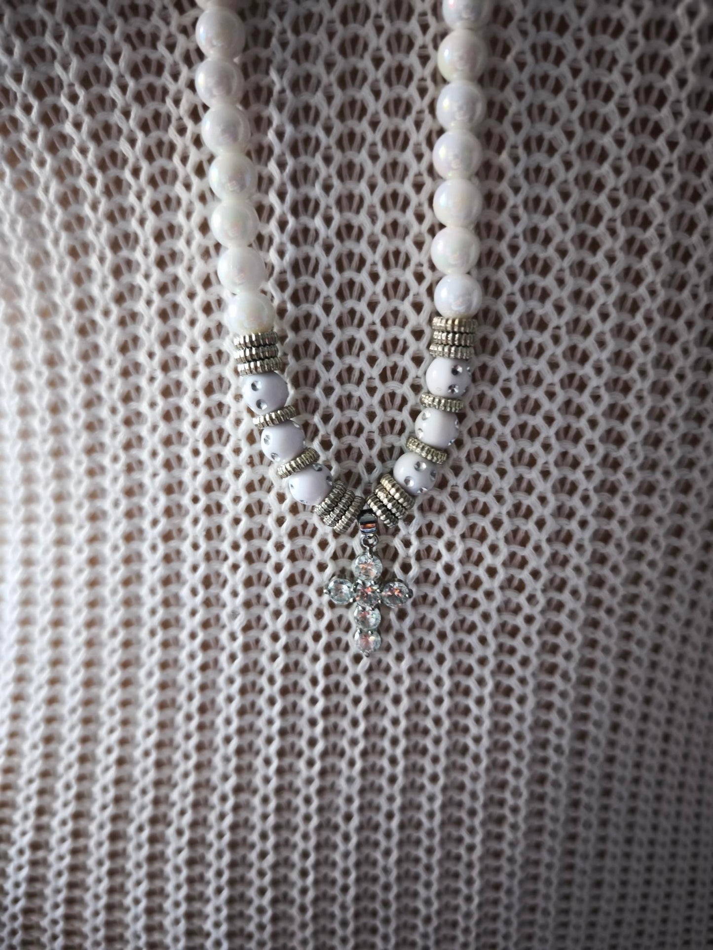 Boho Ibiza Halskette Hippie Festival XL Perlen Swarovski Kreuz White