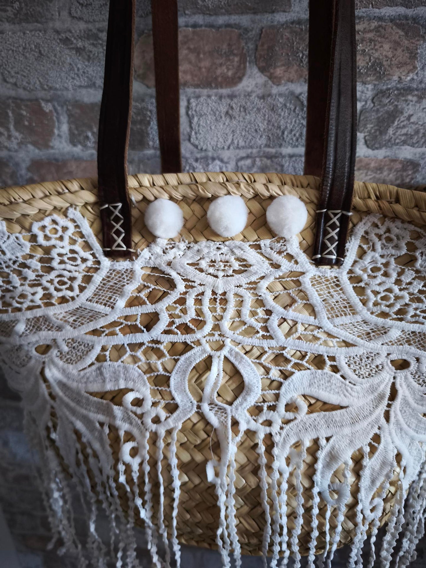 Ibiza Korbtasche Strandtasche XL Boho, White Spitze & Fransen