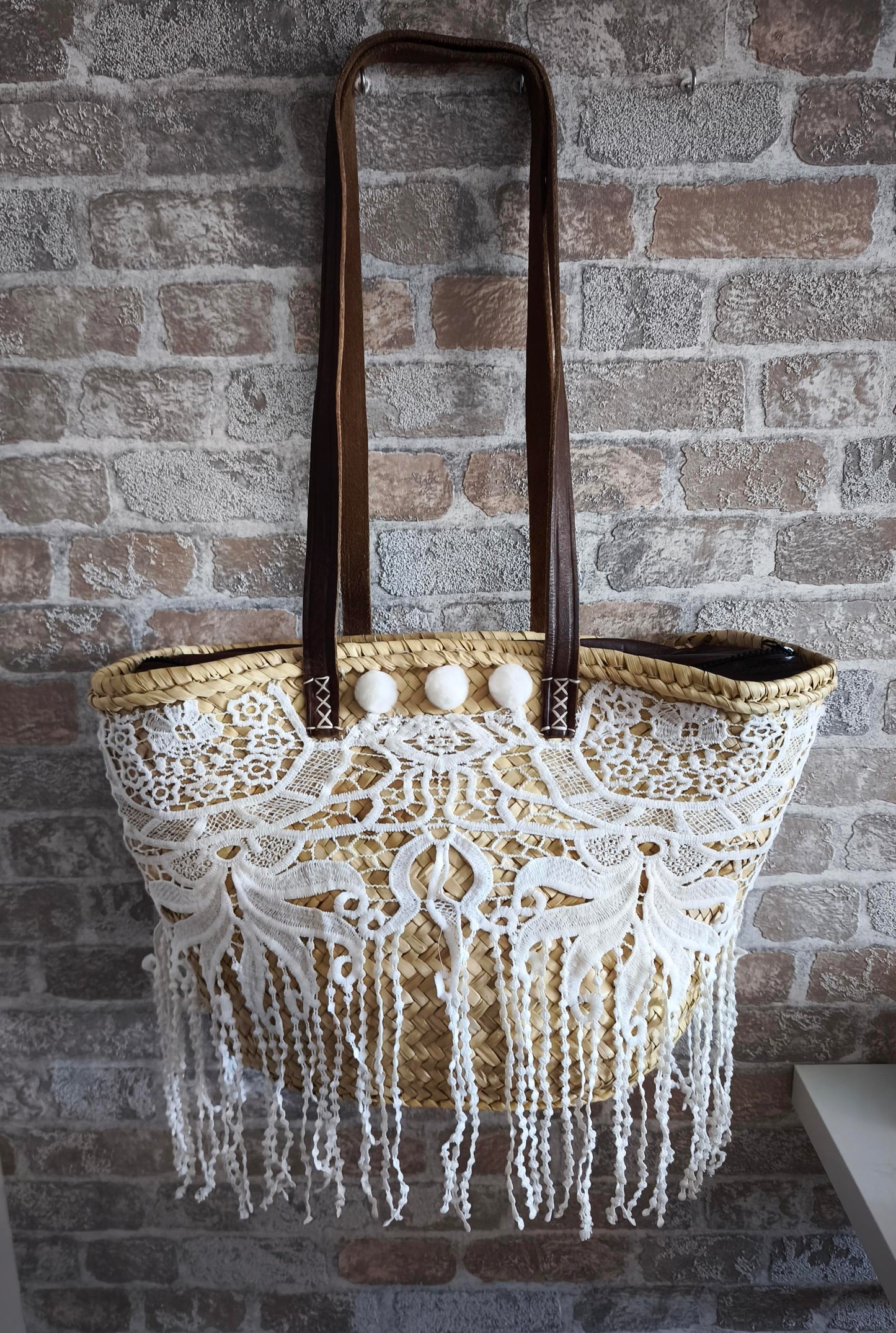 Ibiza Korbtasche Strandtasche XL Boho, White Spitze & Fransen