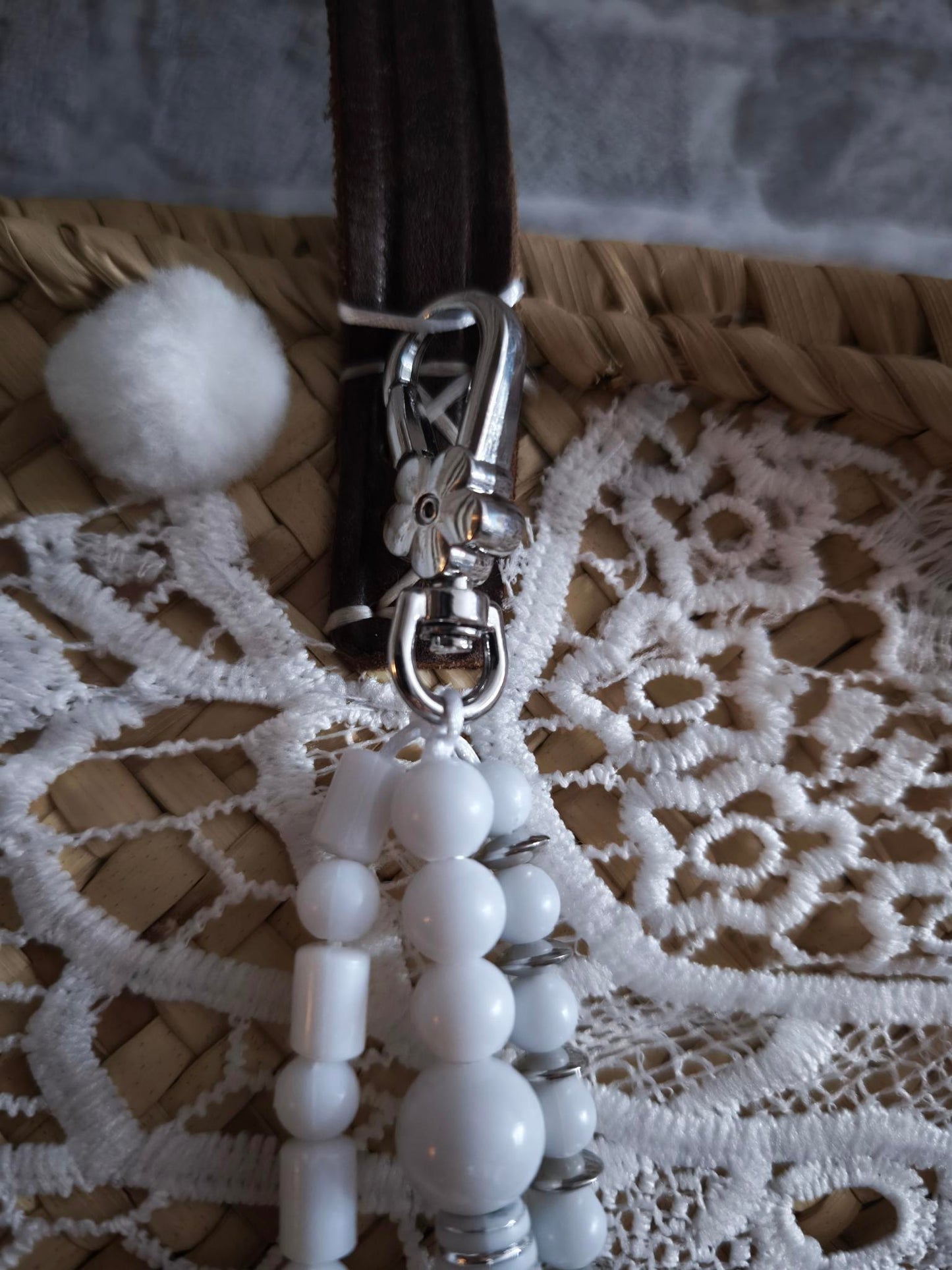Ibiza Korbtasche Strandtasche XL Boho, White Spitze & Fransen