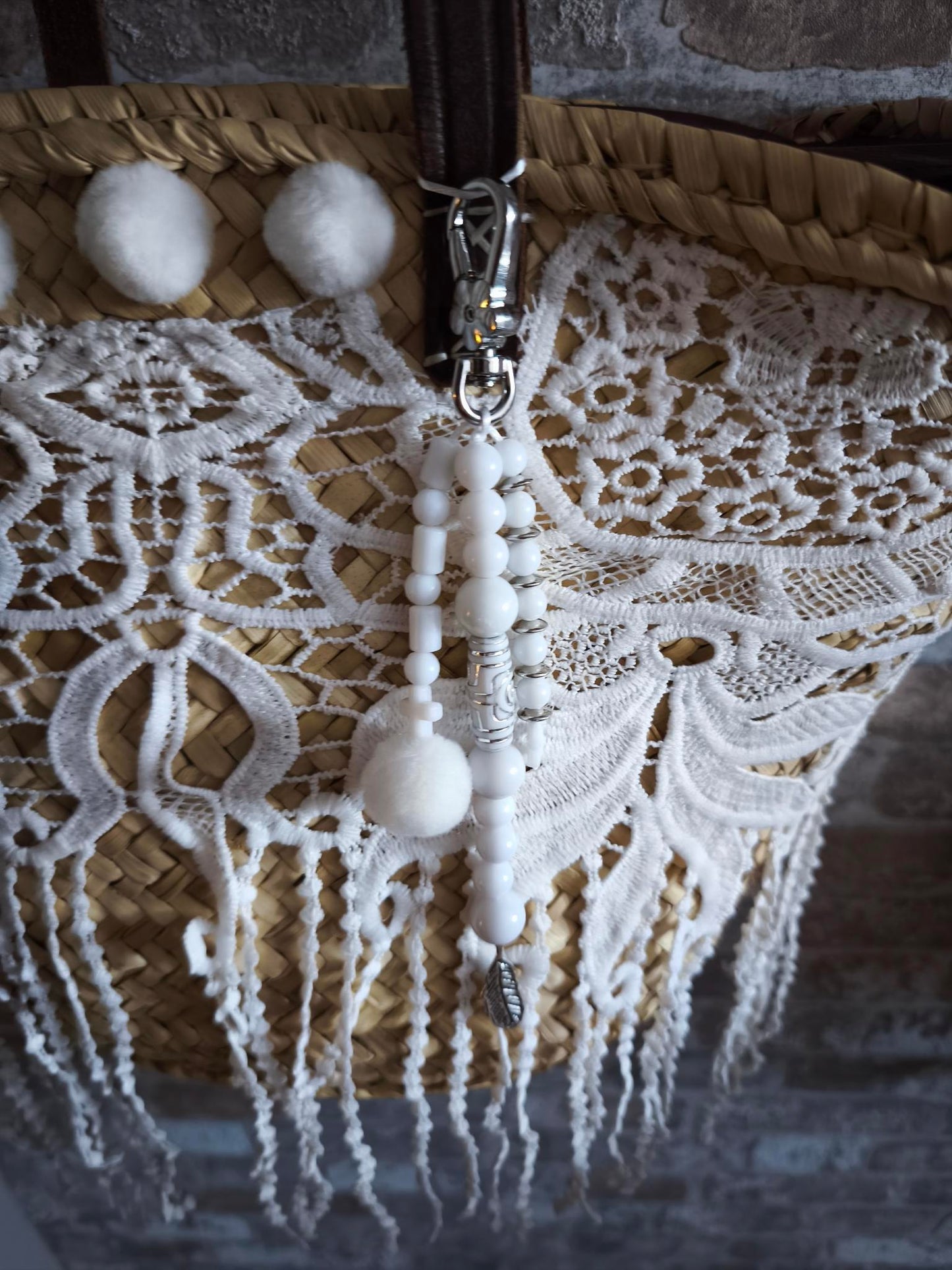 Ibiza Korbtasche Strandtasche XL Boho, White Spitze & Fransen