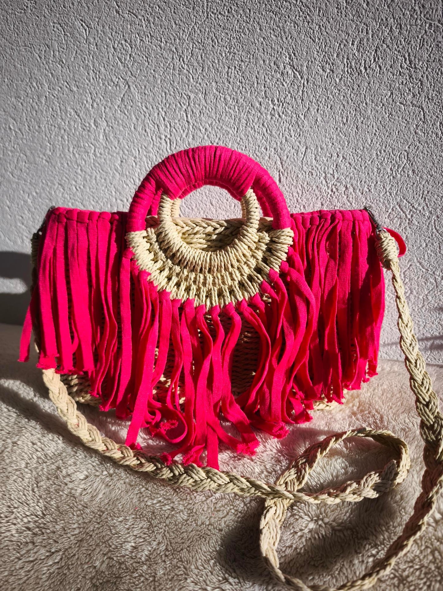 Korbtasche Handtasche Ibiza Boho, Pink