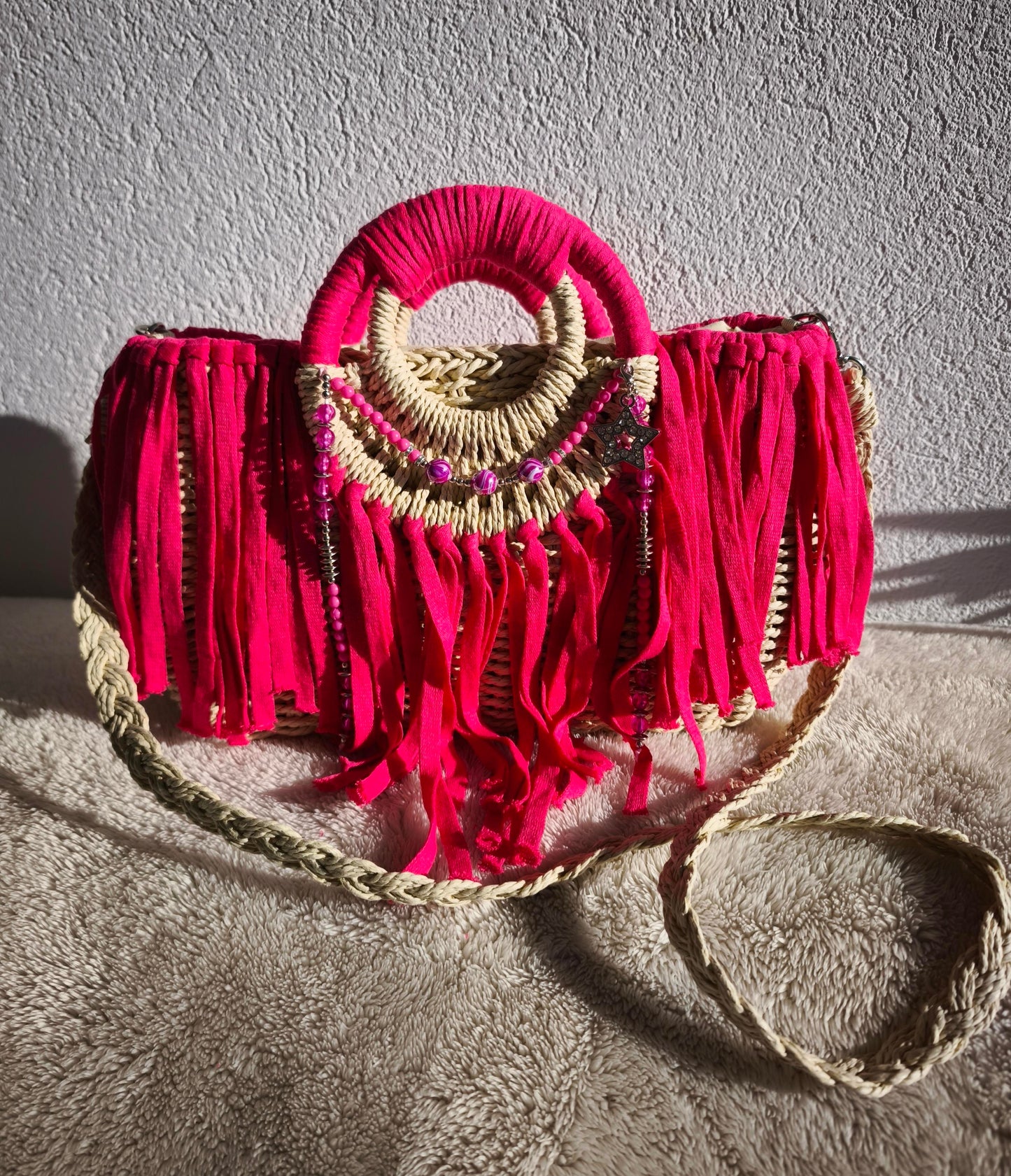 Korbtasche Handtasche Ibiza Boho, Pink