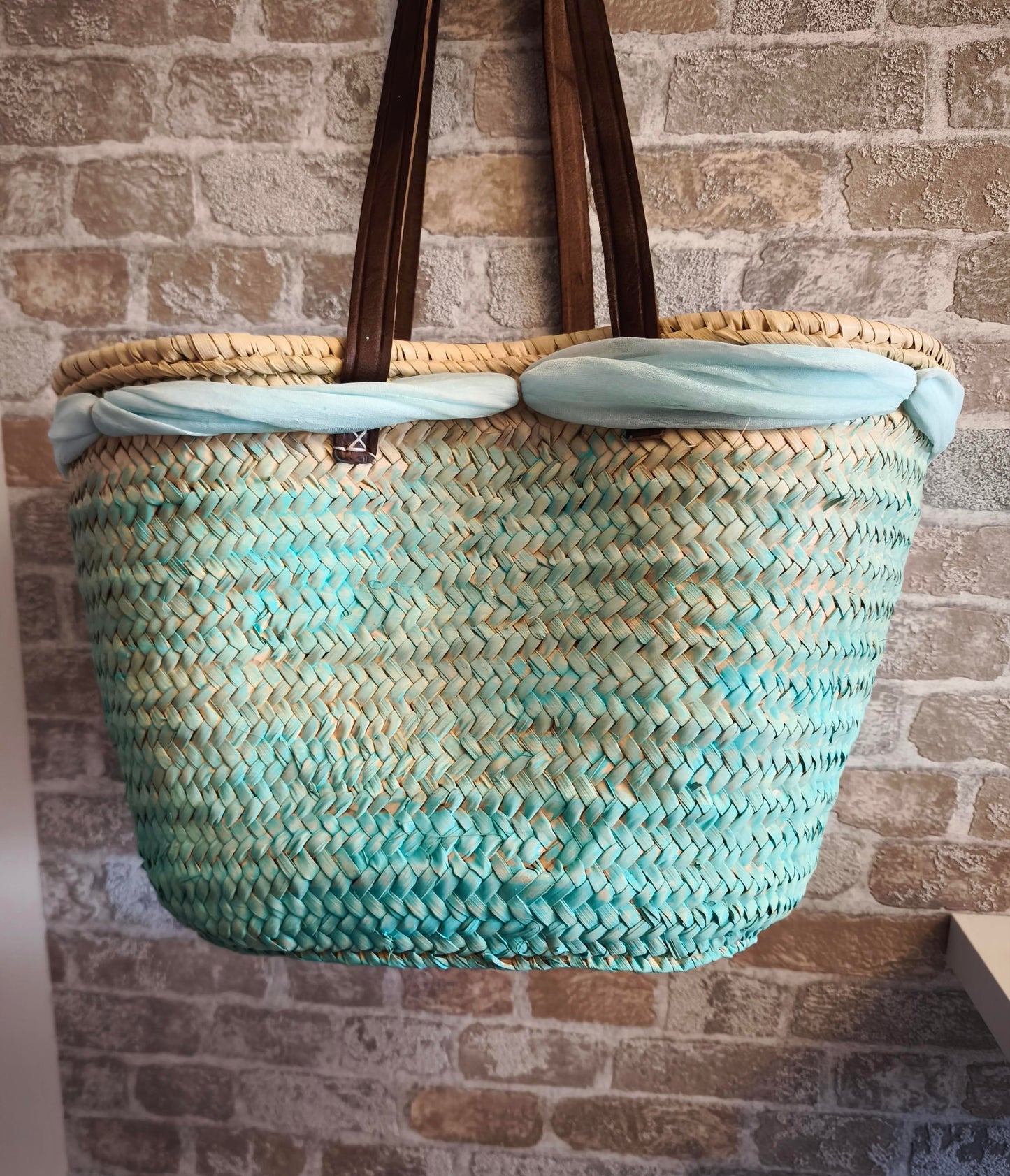Ibiza Korbtasche Strandtasche Boho Türkis/White Vintage