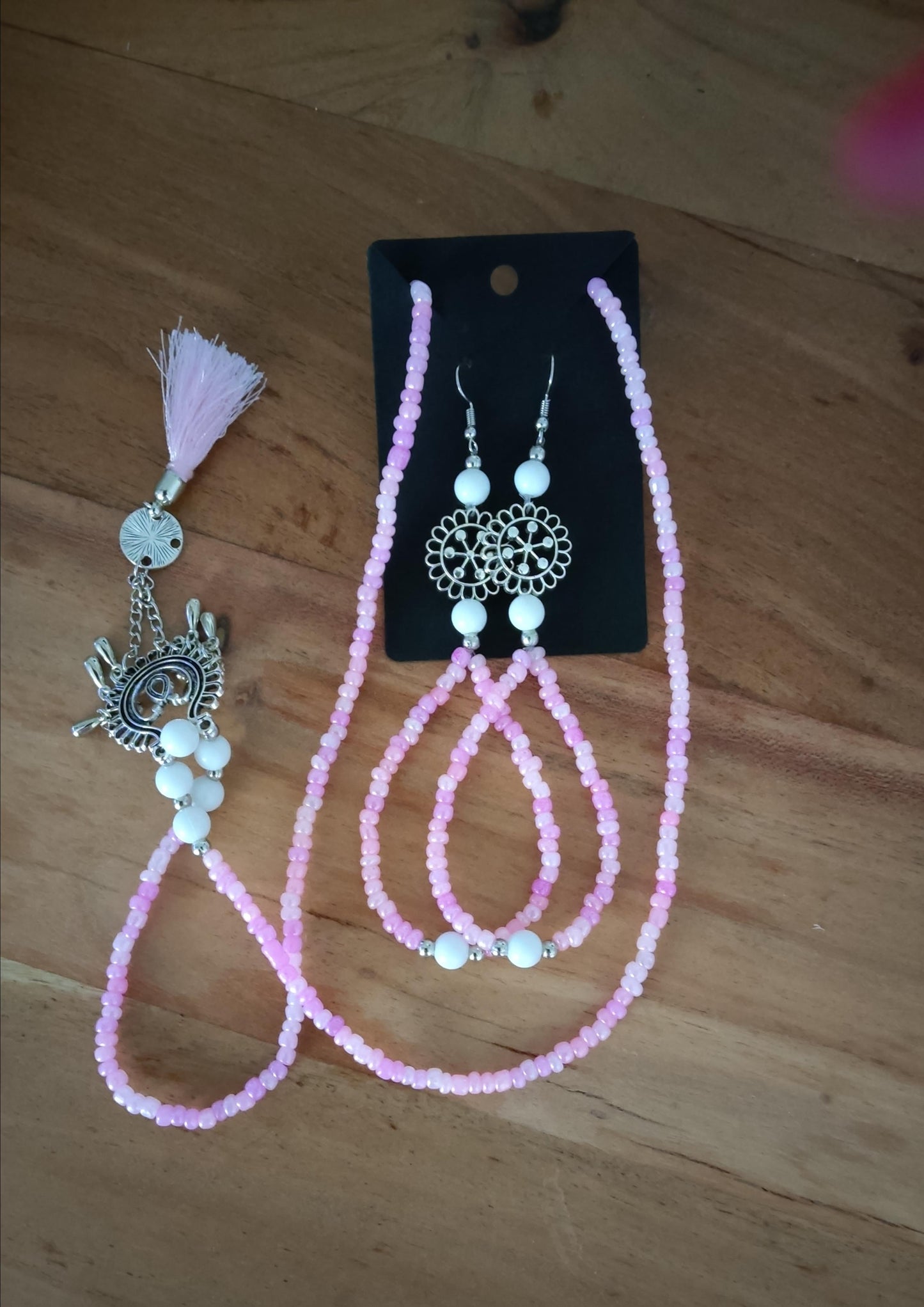 Ibiza Boho Halskette und Ohrringe Rosa/White/Silber Hand Made