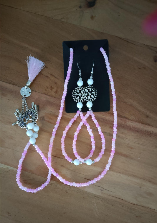 Ibiza Boho Halskette und Ohrringe Rosa/White/Silber Hand Made