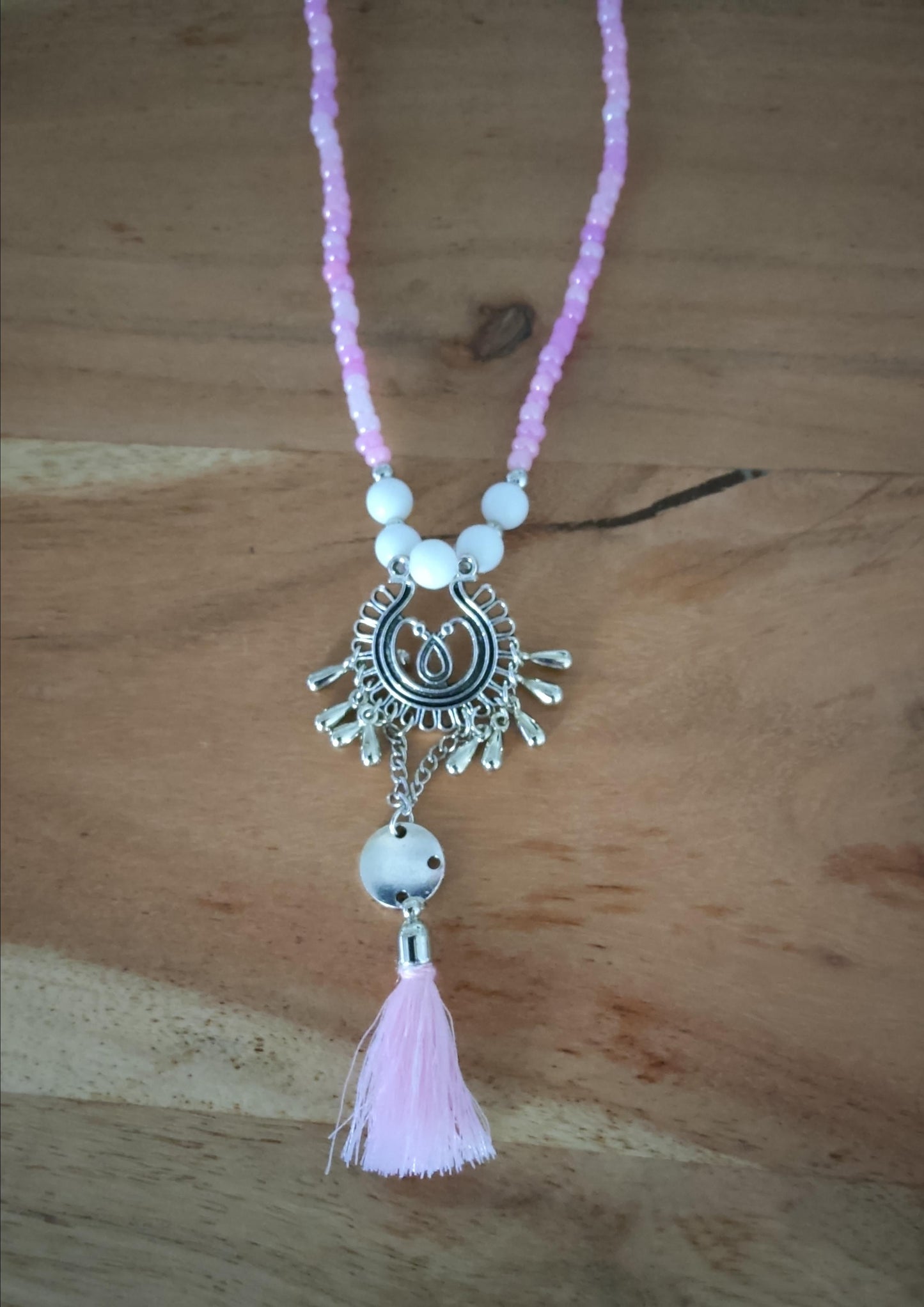 Ibiza Boho Halskette und Ohrringe Rosa/White/Silber Hand Made