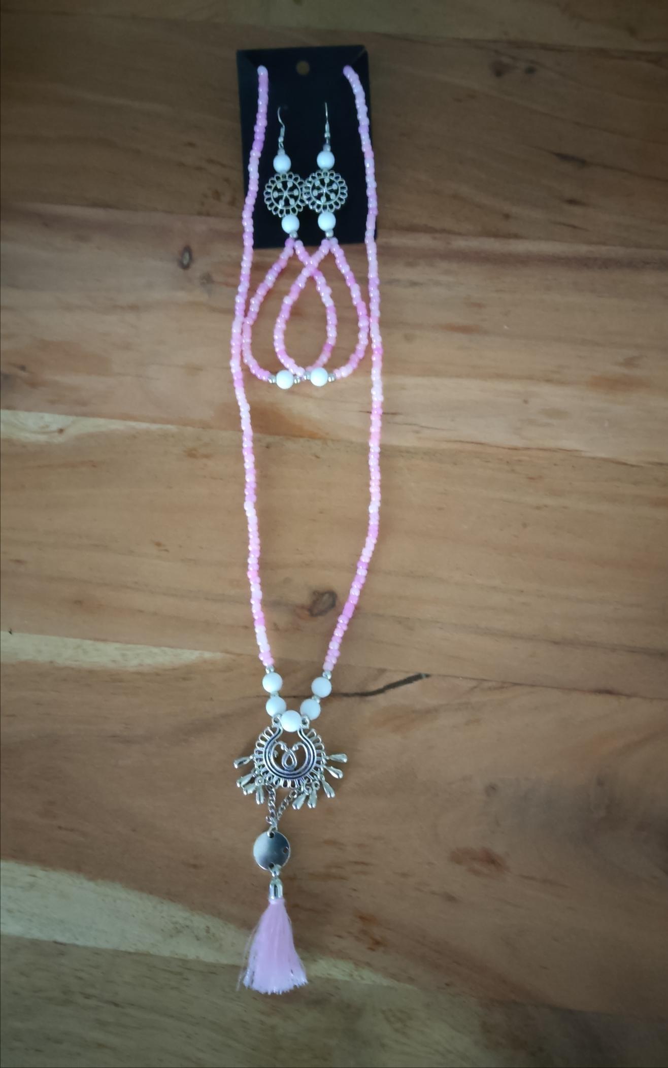 Ibiza Boho Halskette und Ohrringe Rosa/White/Silber Hand Made