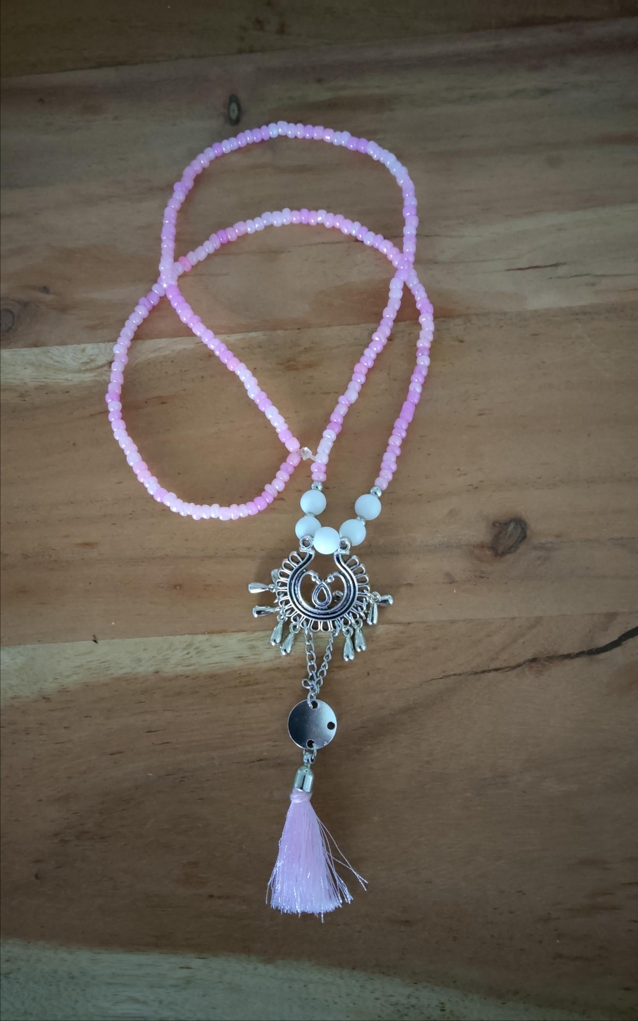 Ibiza Boho Halskette und Ohrringe Rosa/White/Silber Hand Made