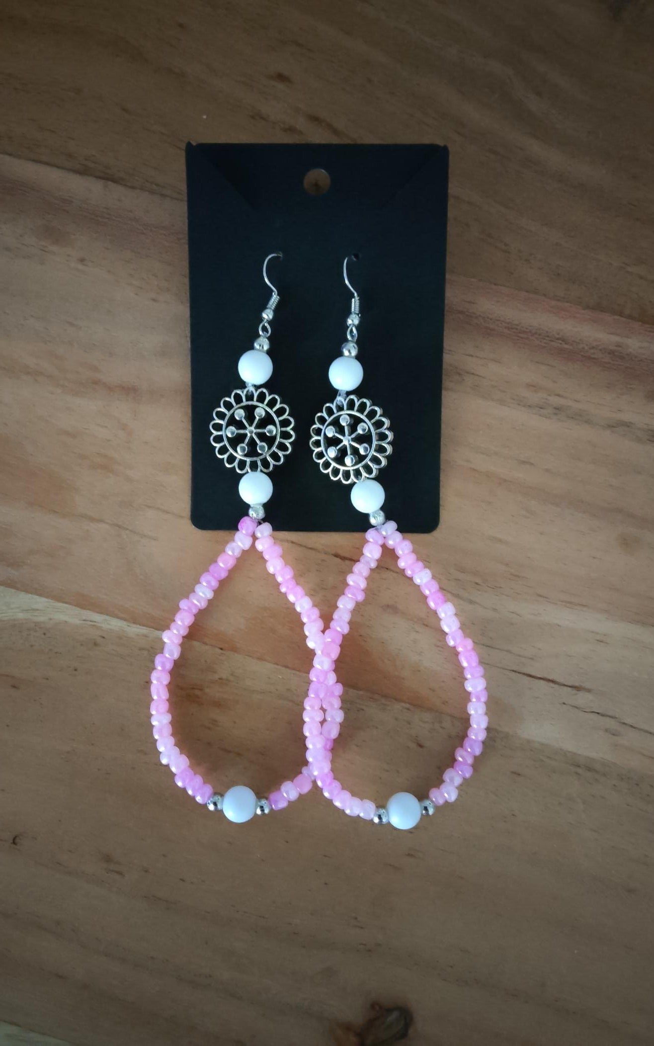Ibiza Boho Halskette und Ohrringe Rosa/White/Silber Hand Made