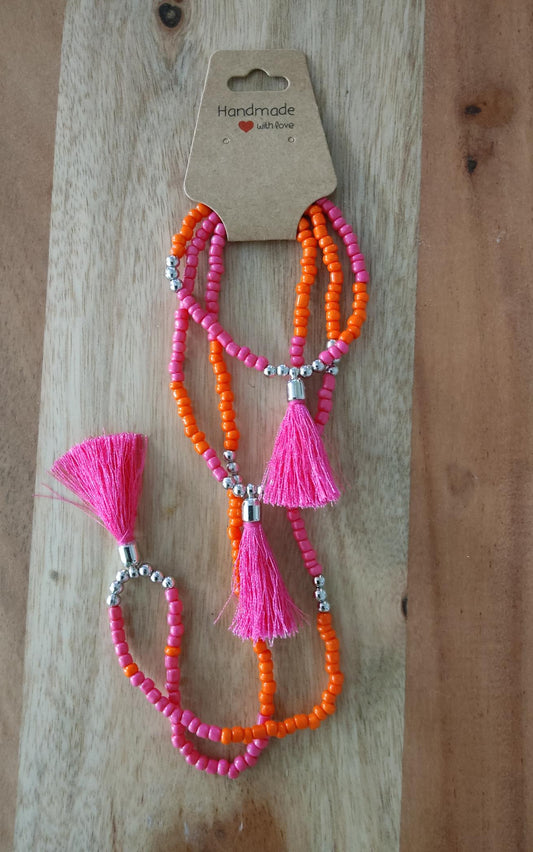 Ibiza Boho Festival Ketten-Set 3 tlg Orange-Pink Hand Made