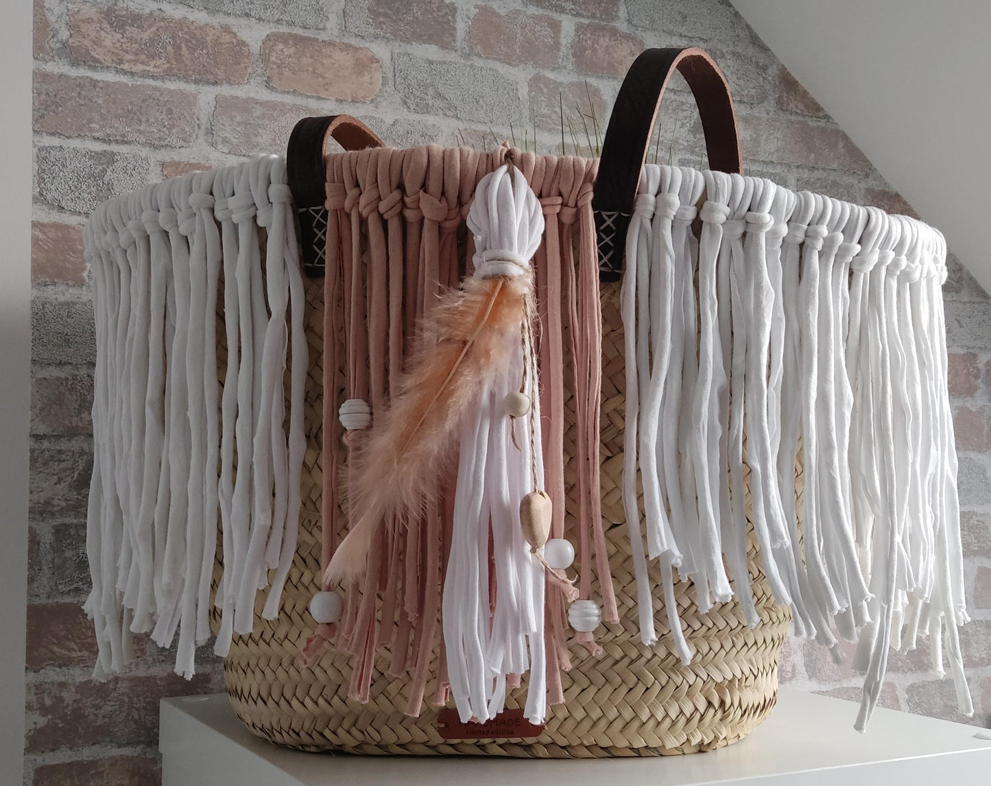Ibiza Korbtasche Strandtasche XXL Boho Hippie Beach, Cappuccino/White