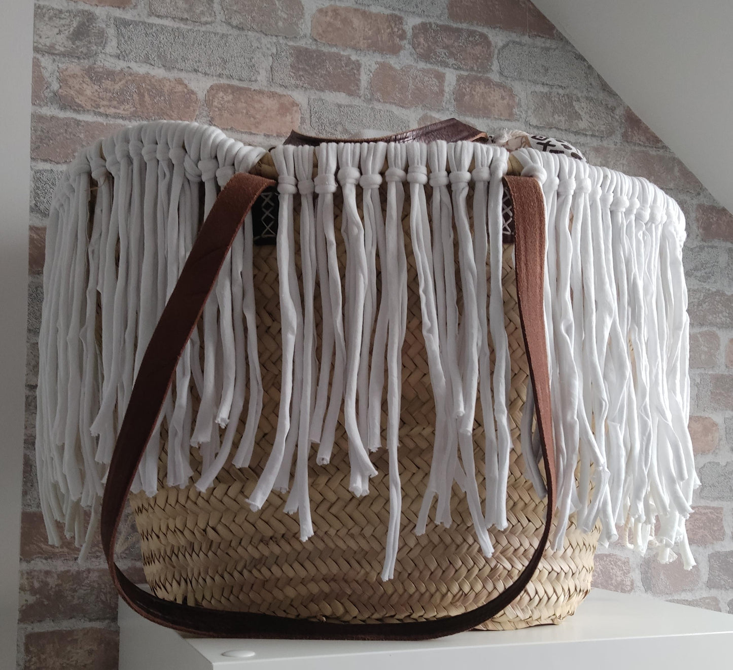Ibiza Korbtasche Strandtasche XXL Boho Hippie Beach, Cappuccino/White