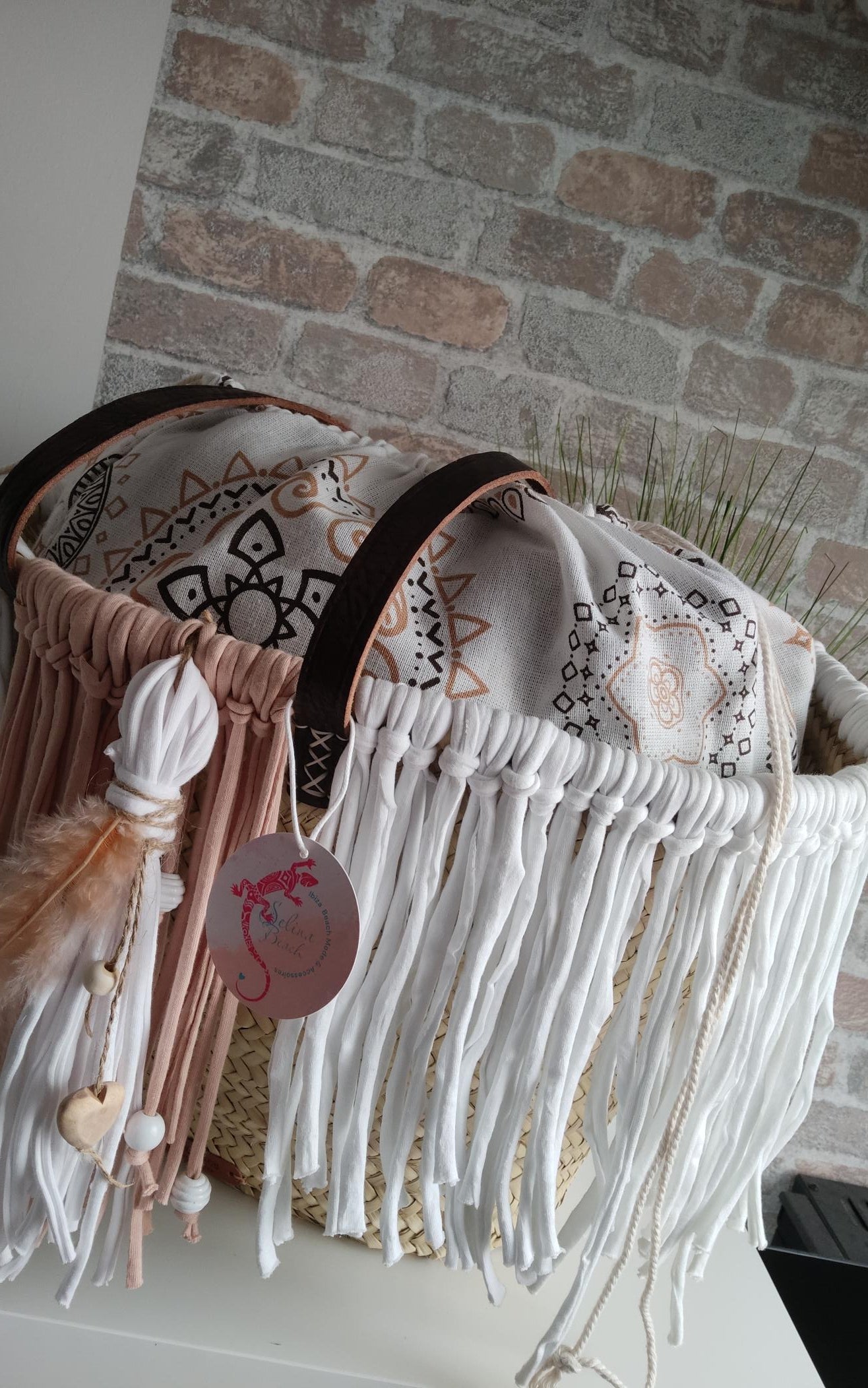Ibiza Korbtasche Strandtasche XXL Boho Hippie Beach, Cappuccino/White