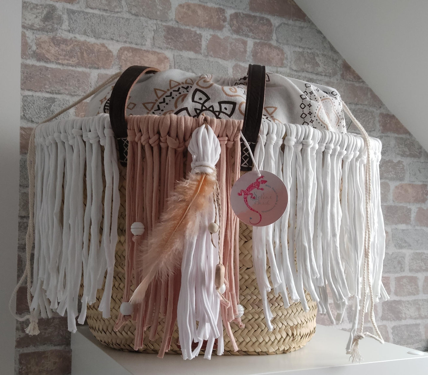 Ibiza Korbtasche Strandtasche XXL Boho Hippie Beach, Cappuccino/White