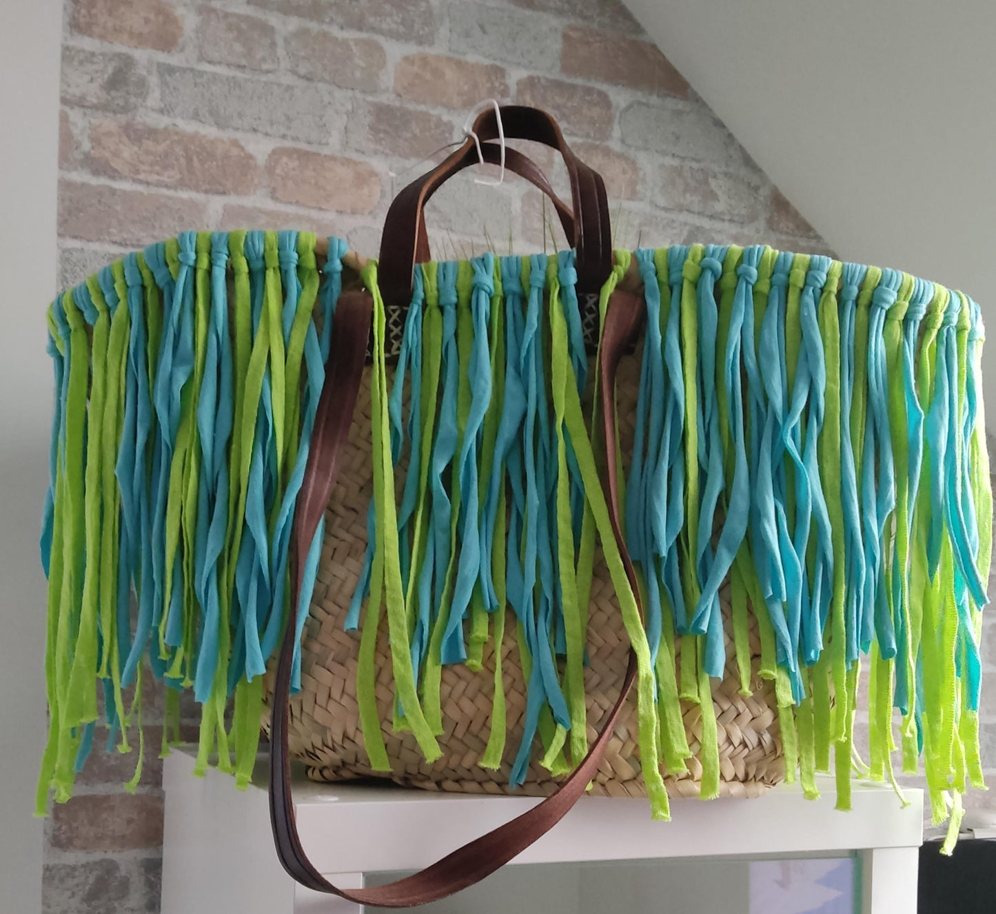 Ibiza Korbtasche XXL Boho Beach Festival, Blue/Green