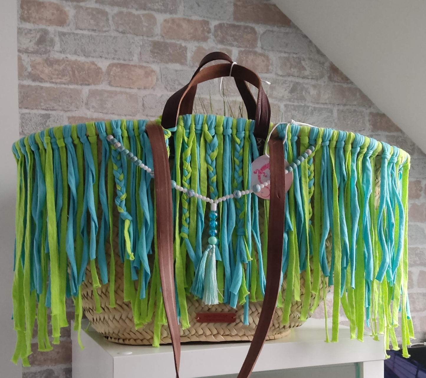 Ibiza Korbtasche XXL Boho Beach Festival, Blue/Green
