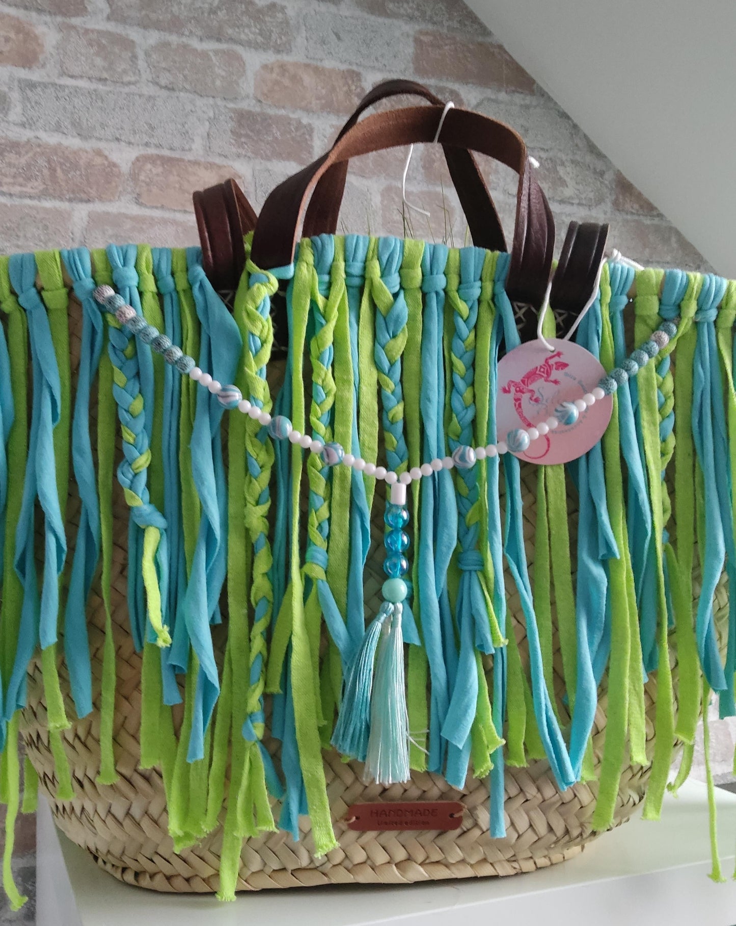 Ibiza Korbtasche XXL Boho Beach Festival, Blue/Green