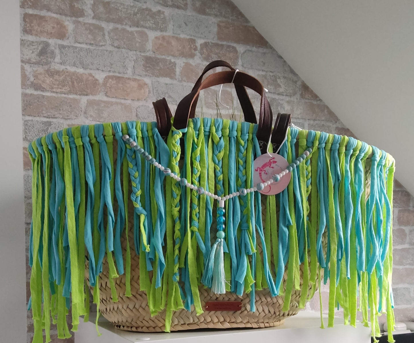 Ibiza Korbtasche XXL Boho Beach Festival, Blue/Green