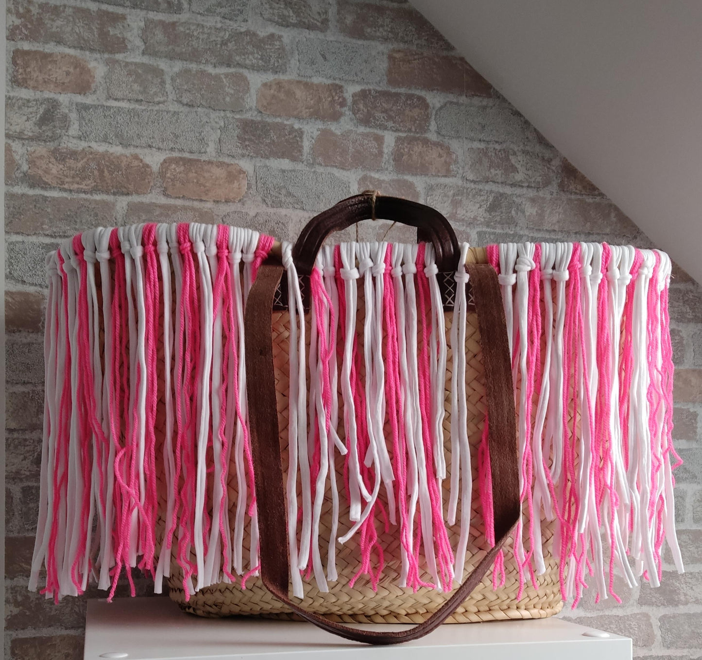 Ibiza Korbtasche Strandtasche XXL Boho Pink/White Hand Made