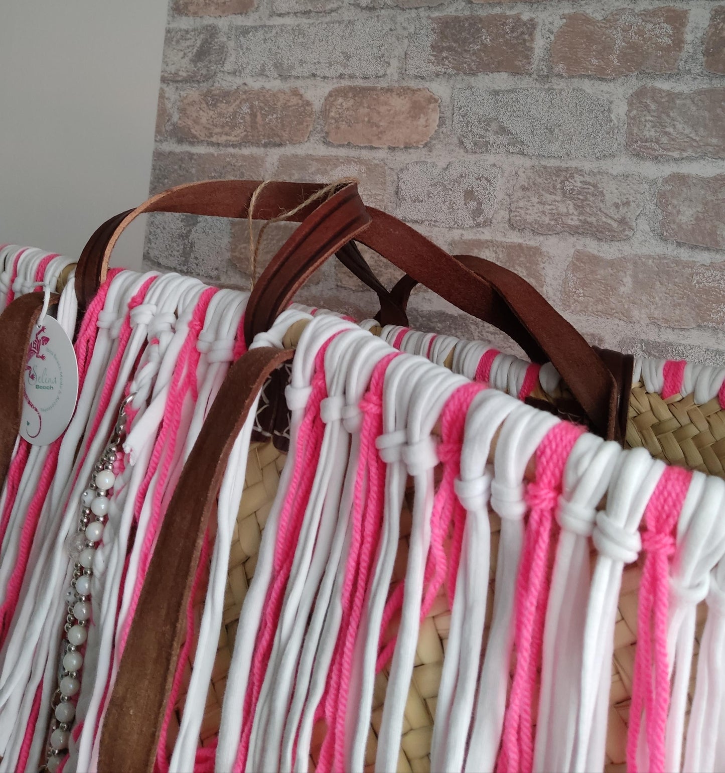 Ibiza Korbtasche Strandtasche XXL Boho Pink/White Hand Made