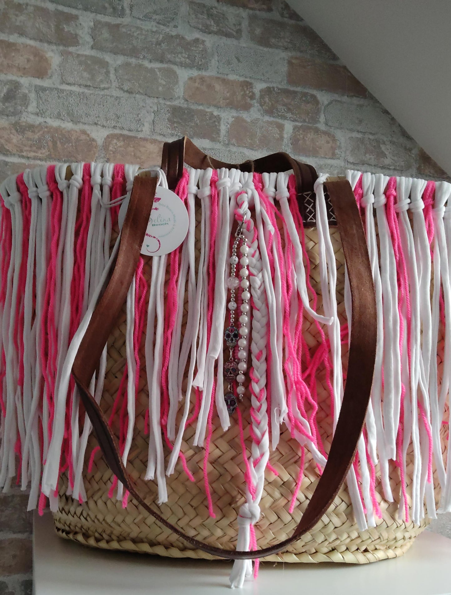 Ibiza Korbtasche Strandtasche XXL Boho Pink/White Hand Made