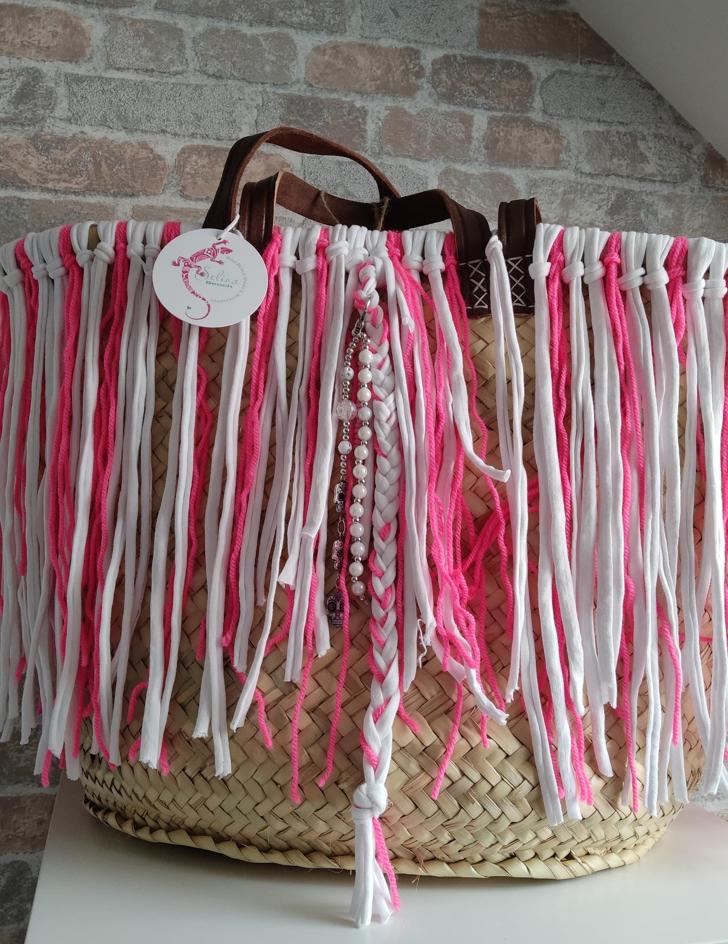 Ibiza Korbtasche Strandtasche XXL Boho Pink/White Hand Made