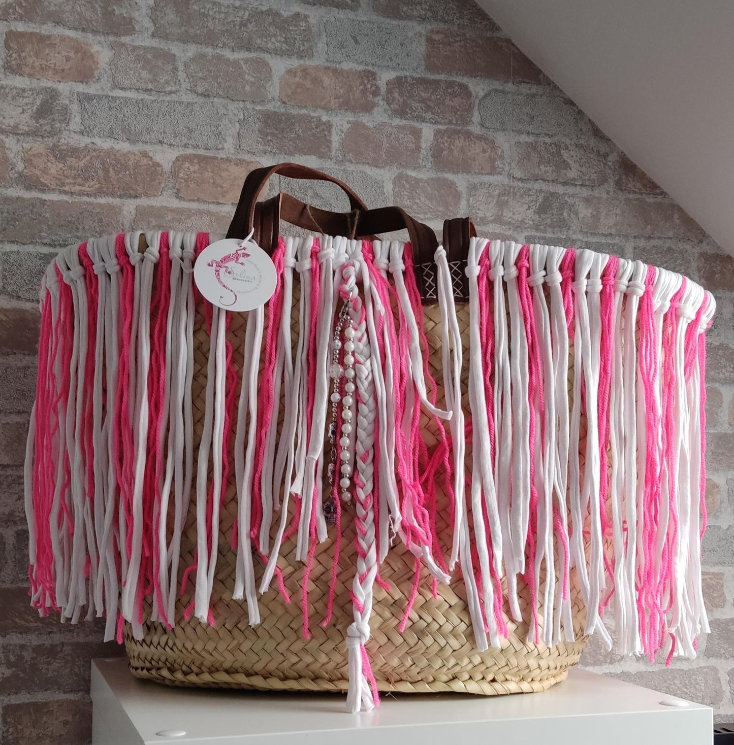Ibiza Korbtasche Strandtasche XXL Boho Pink/White Hand Made