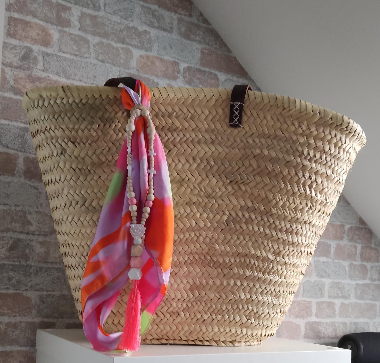 Ibiza Korbtasche Strandtasche XXL Natur mit Deko-Tuch & Kette
