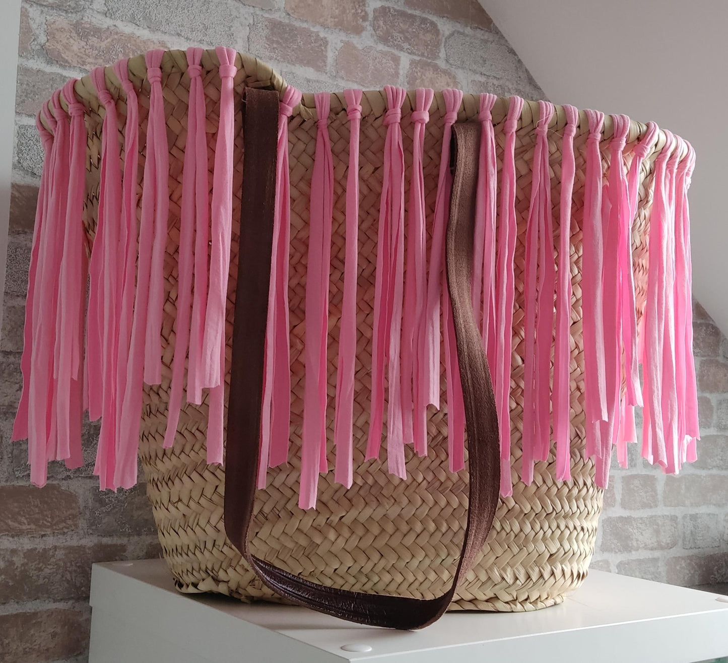 Ibiza Korbtasche Strandtasche XXL Boho Rosa Fransen Hand Made