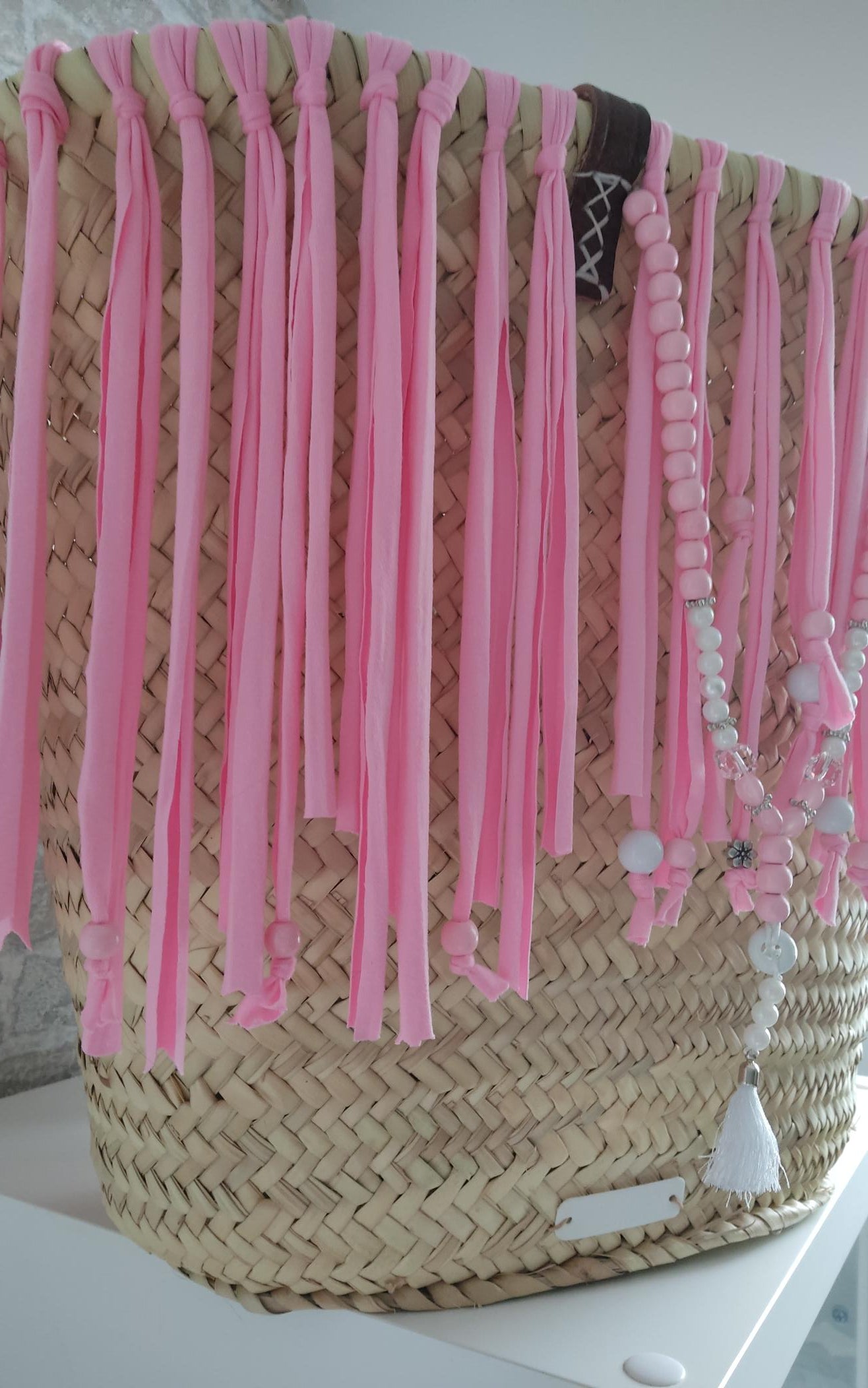 Ibiza Korbtasche Strandtasche XXL Boho Rosa Fransen Hand Made