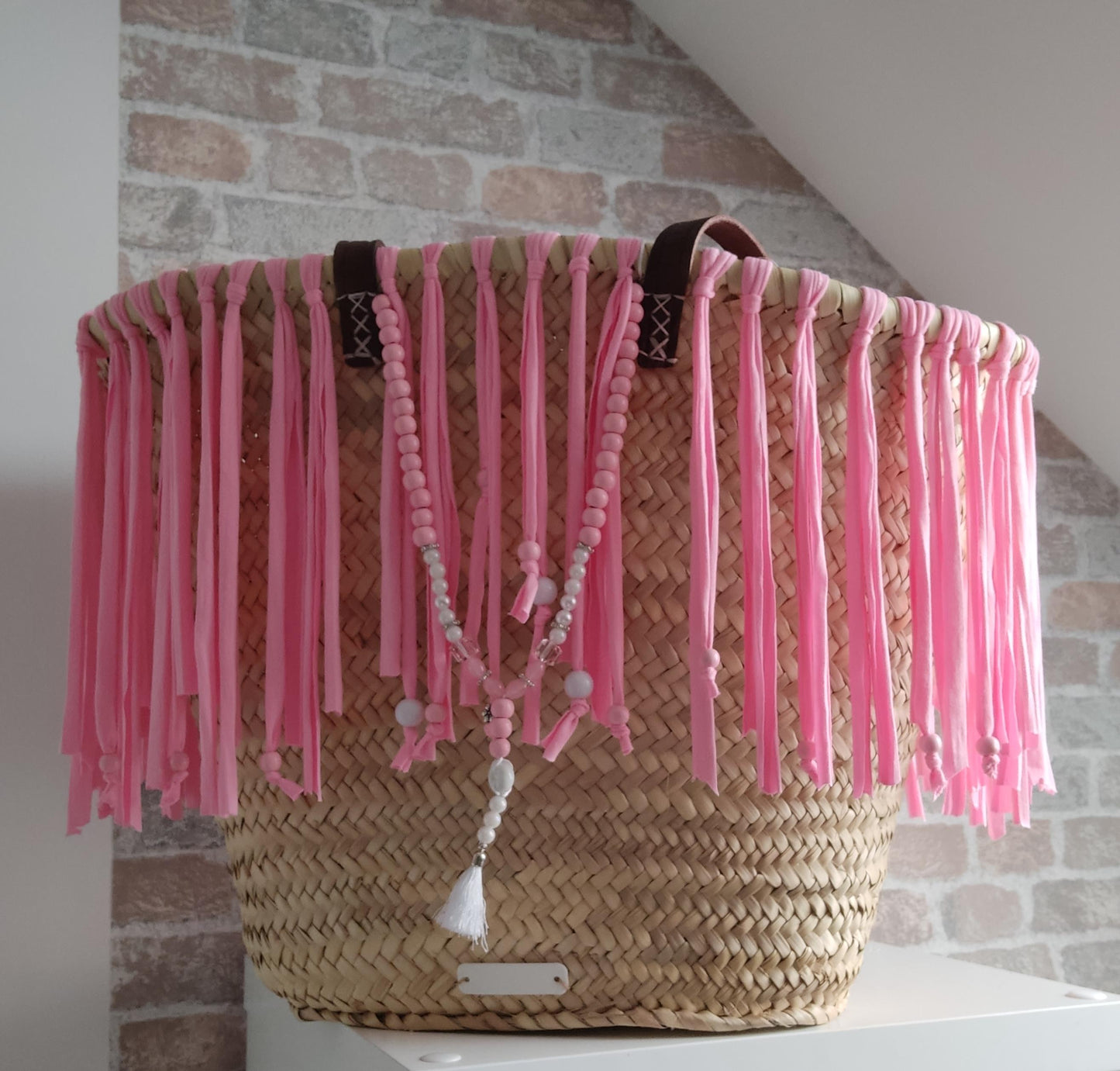 Ibiza Korbtasche Strandtasche XXL Boho Rosa Fransen Hand Made