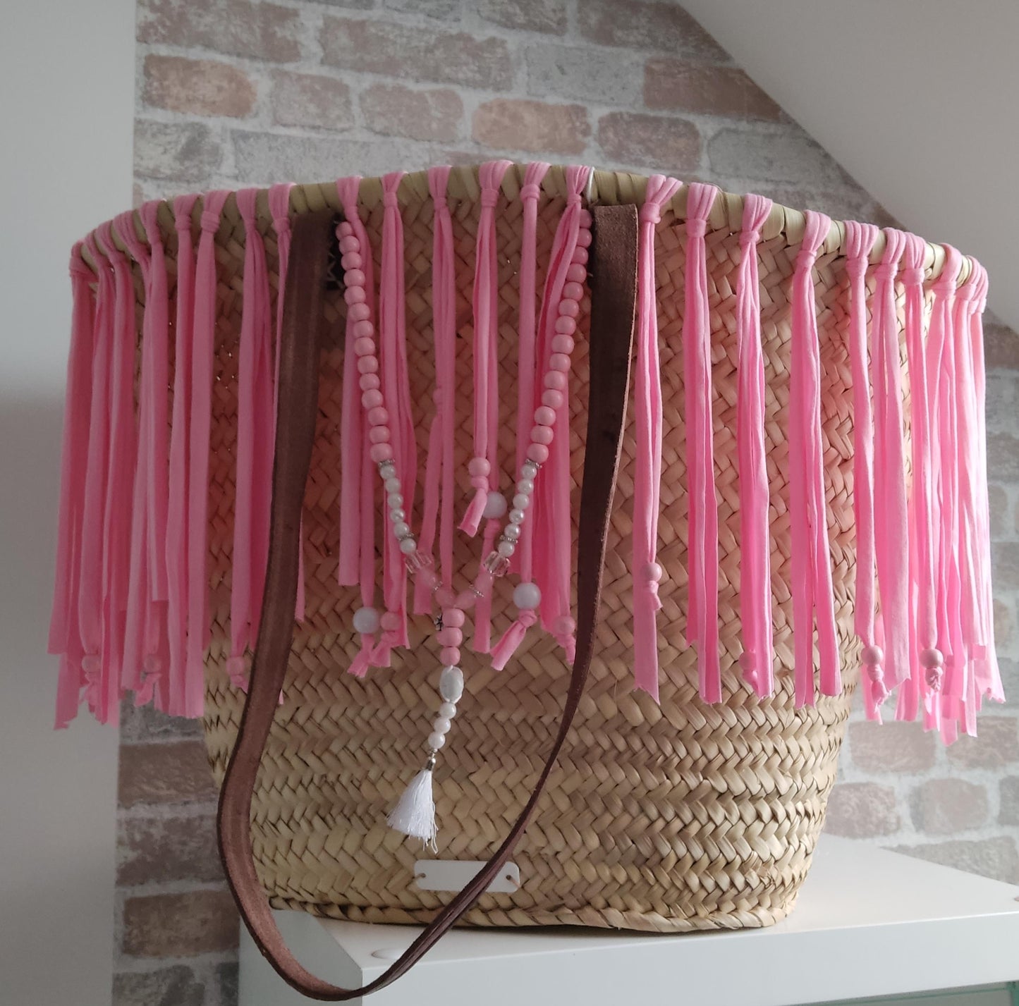 Ibiza Korbtasche Strandtasche XXL Boho Rosa Fransen Hand Made