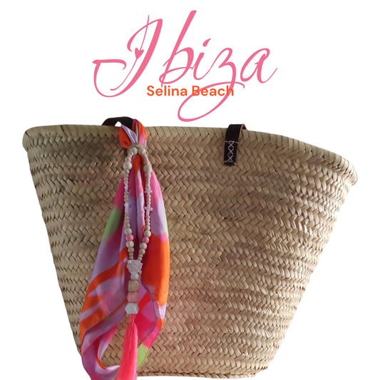 Ibiza Korbtasche Strandtasche XXL Natur mit Deko-Tuch & Kette