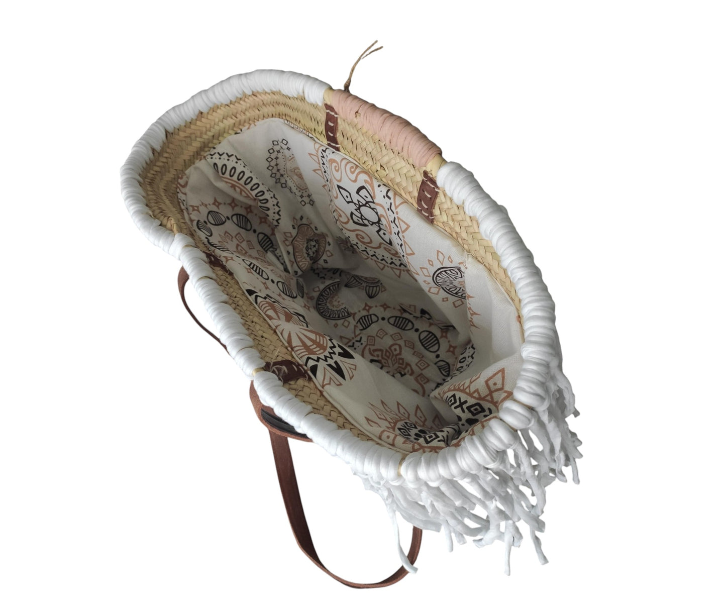 Ibiza Korbtasche Strandtasche XXL Boho Hippie Beach, Cappuccino/White